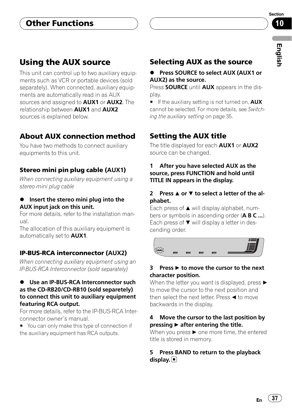 Using the aux source, About aux connection method 37, Selecting aux as the source 37 | Setting the aux title 37, Other functions | Pioneer RDS DEH-P40MP User Manual | Page 37 / 90