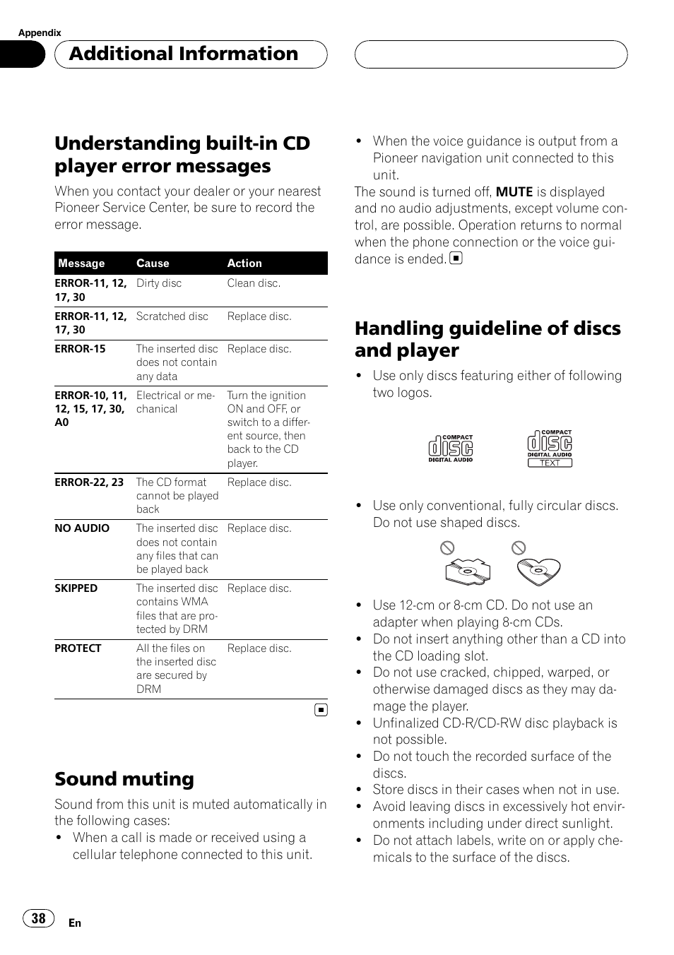 Messages, Sound muting, Handling guideline of discs and player | Understanding built-in cd player error messages, Additional information | Pioneer RDS DEH-P40MP User Manual | Page 38 / 90