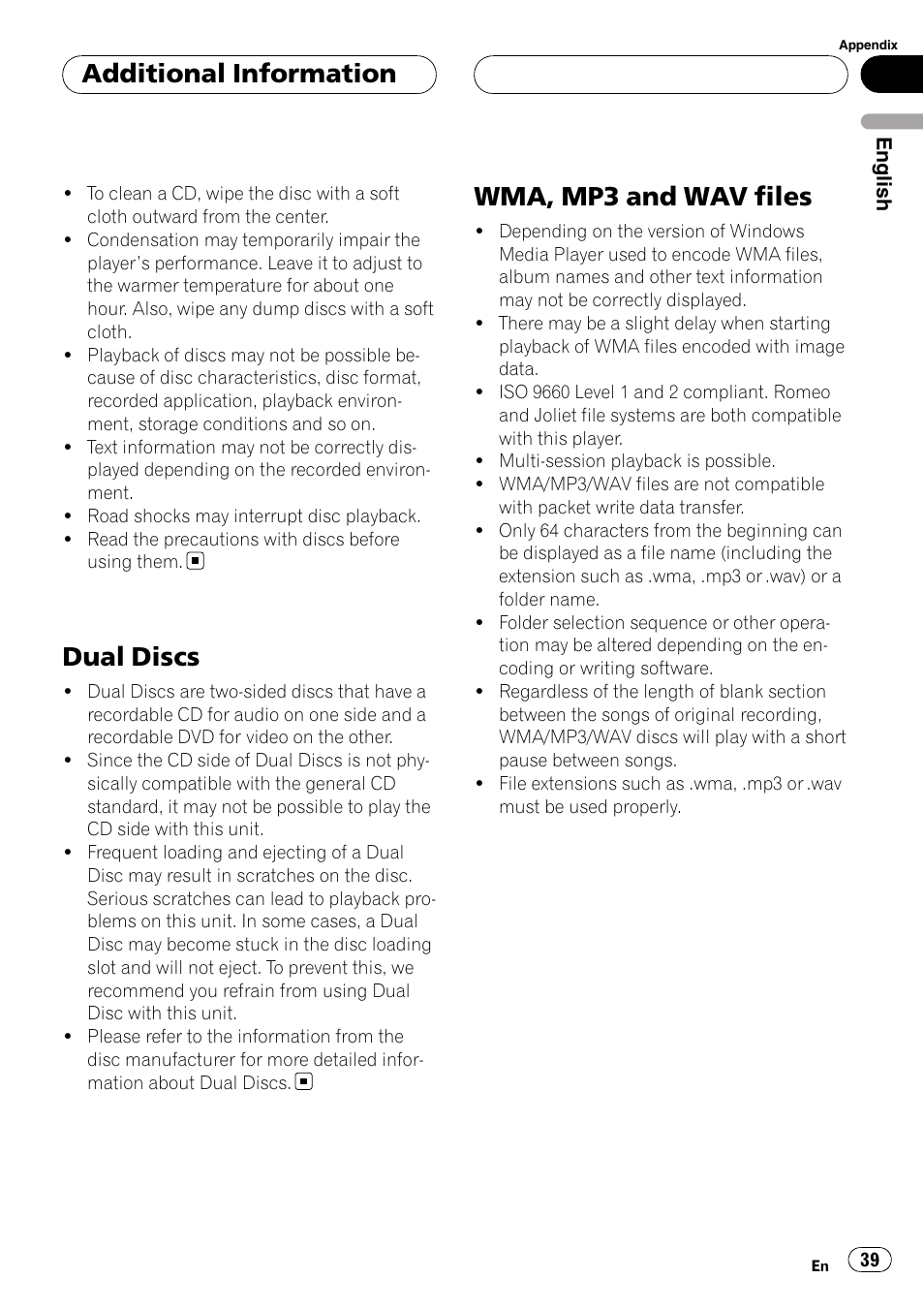 Dual discs, Wma, mp3 and wav files, Additional information | Pioneer RDS DEH-P40MP User Manual | Page 39 / 90