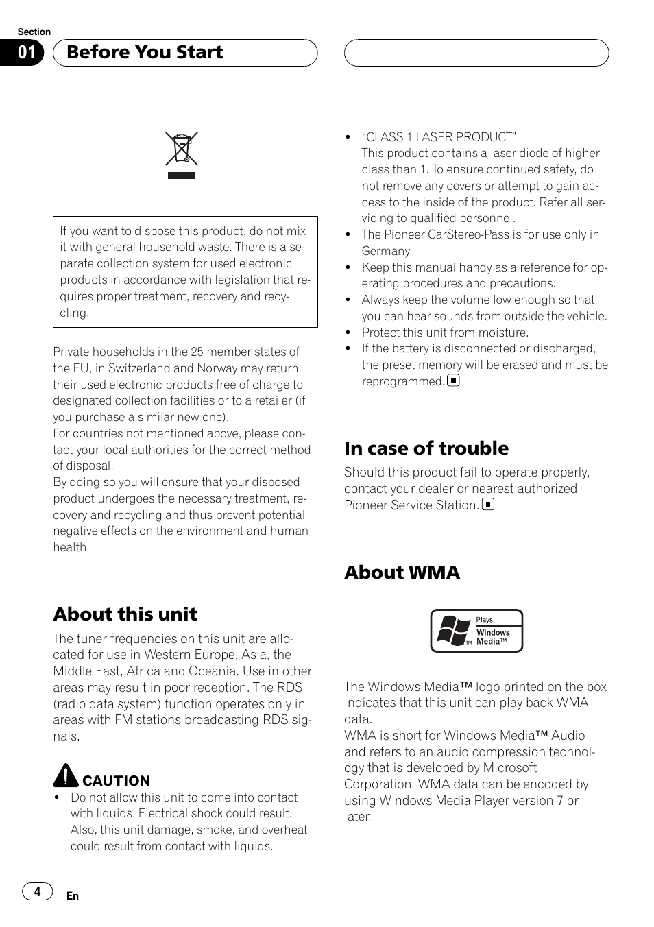 Before you start, About this unit, In case of trouble | About wma | Pioneer RDS DEH-P40MP User Manual | Page 4 / 90