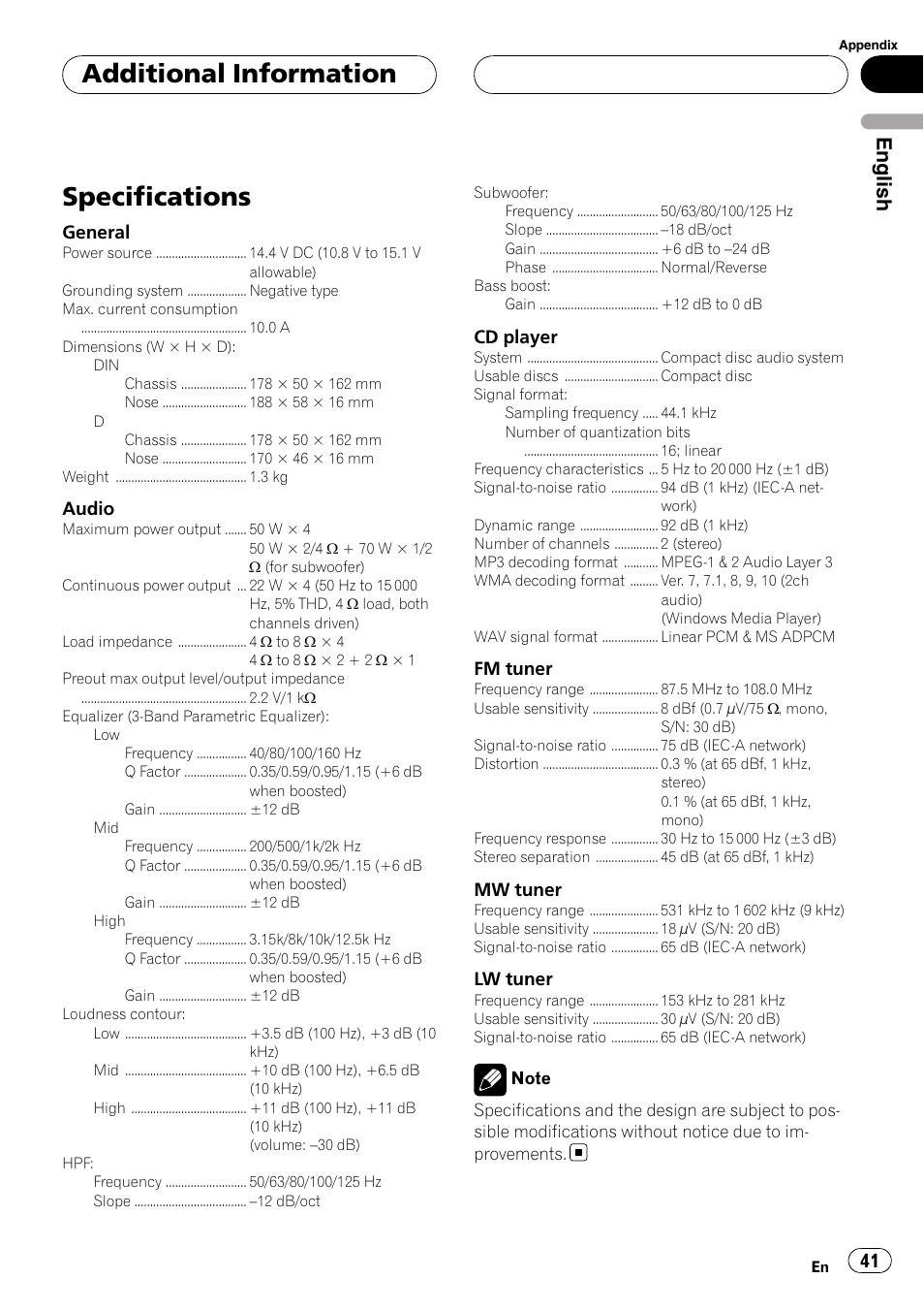 Specifications, Additional information, English | Pioneer RDS DEH-P40MP User Manual | Page 41 / 90