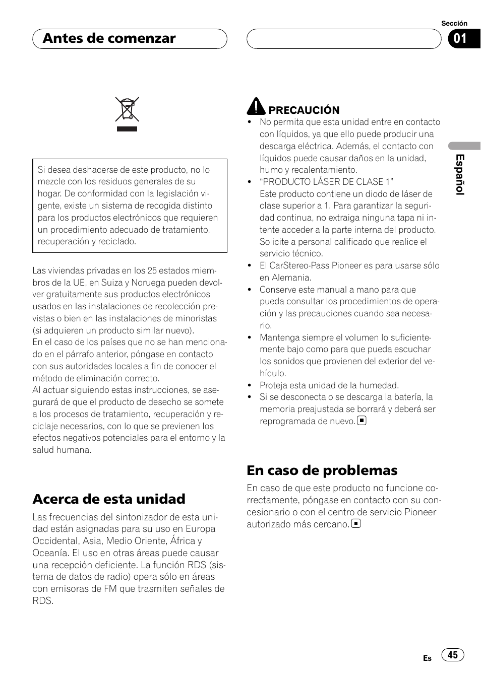 Antes de comenzar, Acerca de esta unidad, En caso de problemas | Pioneer RDS DEH-P40MP User Manual | Page 45 / 90