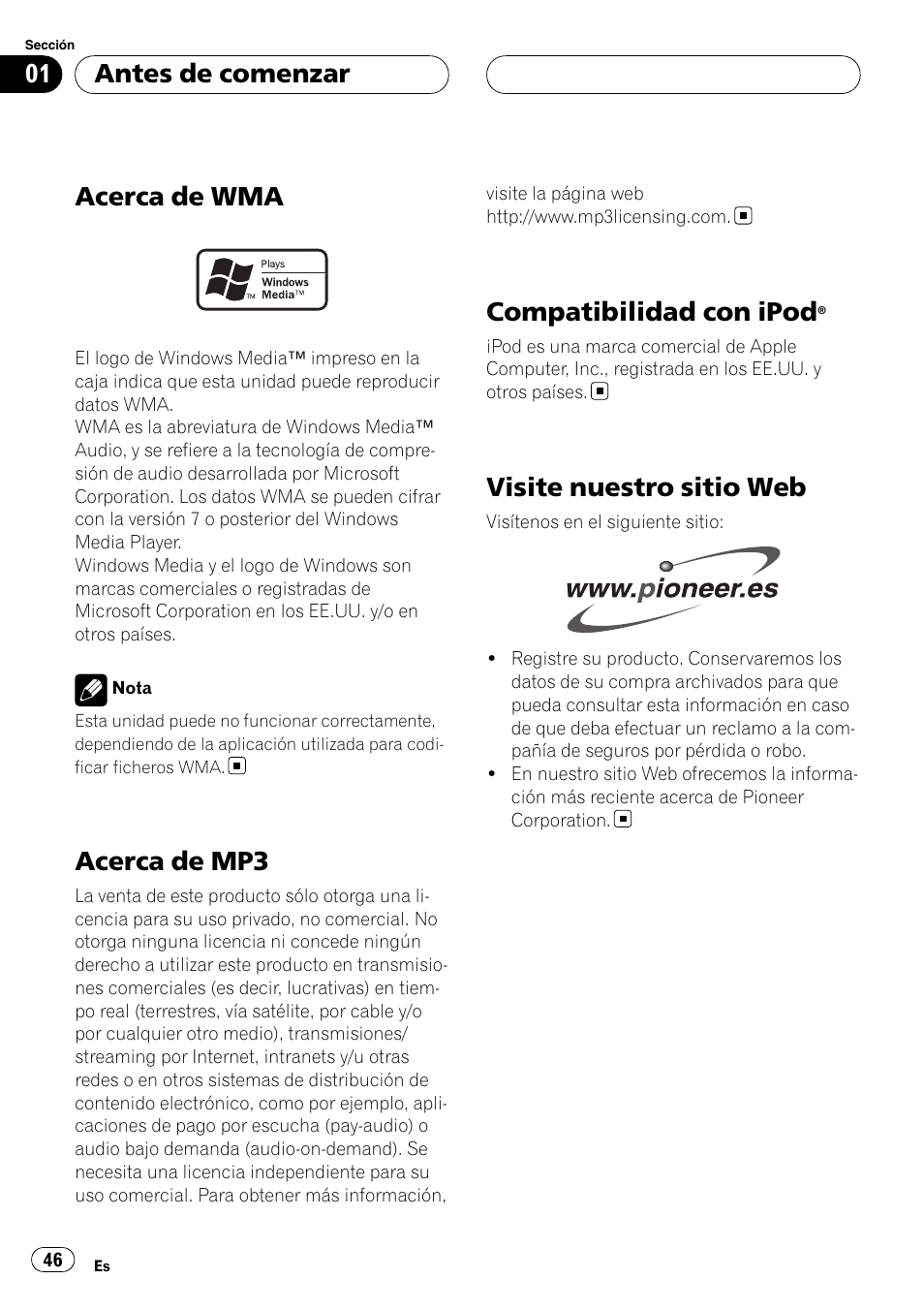 Acerca de wma, Acerca de mp3, Compatibilidad con ipod | Visite nuestro sitio web, Antes de comenzar | Pioneer RDS DEH-P40MP User Manual | Page 46 / 90