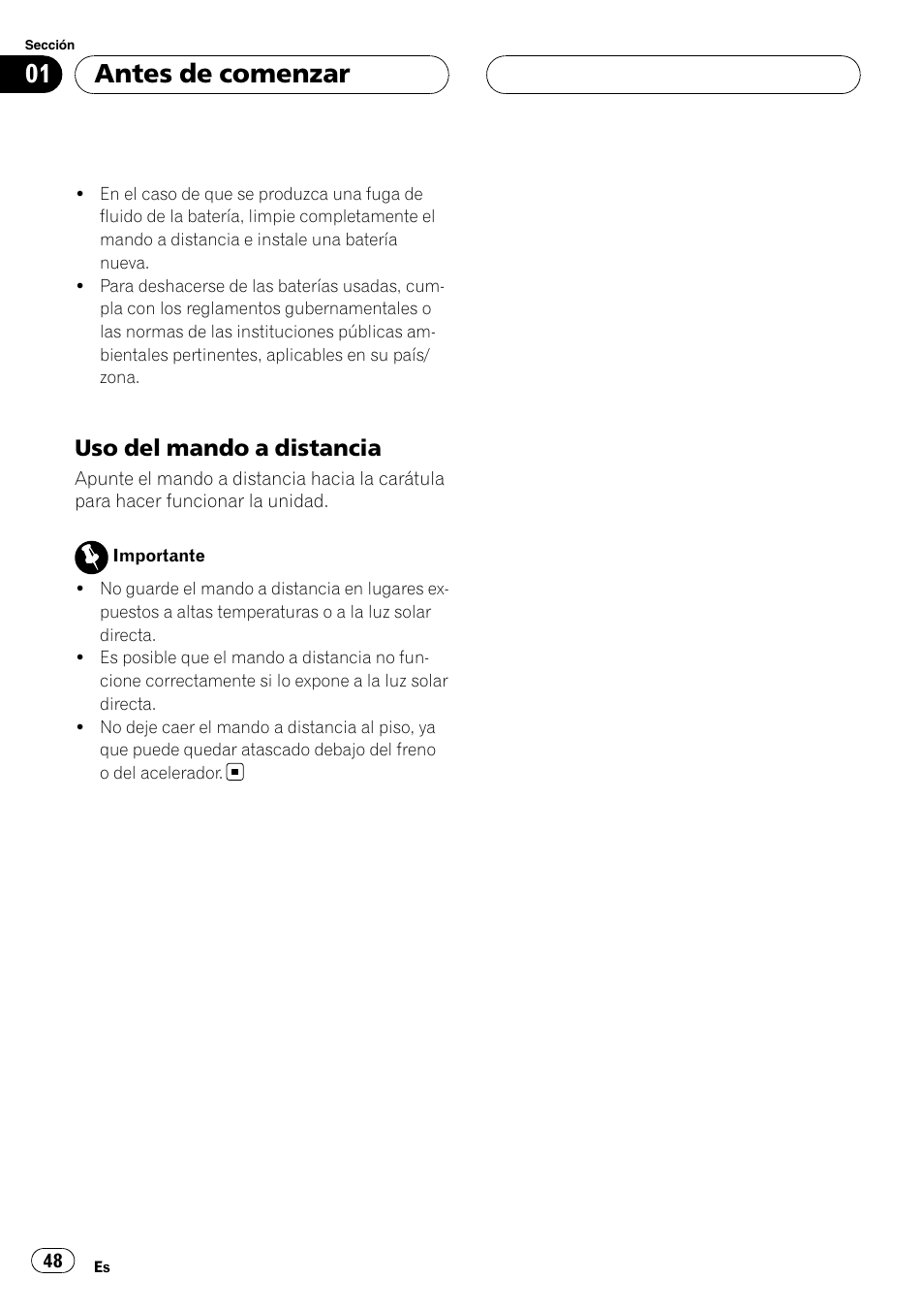 Uso del mando a distancia 48, Antes de comenzar, Uso del mando a distancia | Pioneer RDS DEH-P40MP User Manual | Page 48 / 90