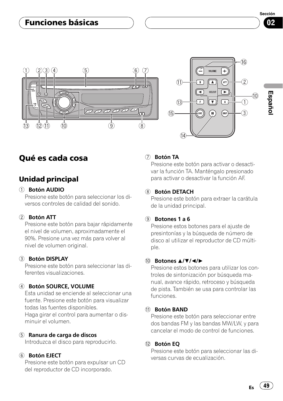 Funciones básicas qué es cada cosa, Unidad principal 49, Qué es cada cosa | Funciones básicas | Pioneer RDS DEH-P40MP User Manual | Page 49 / 90