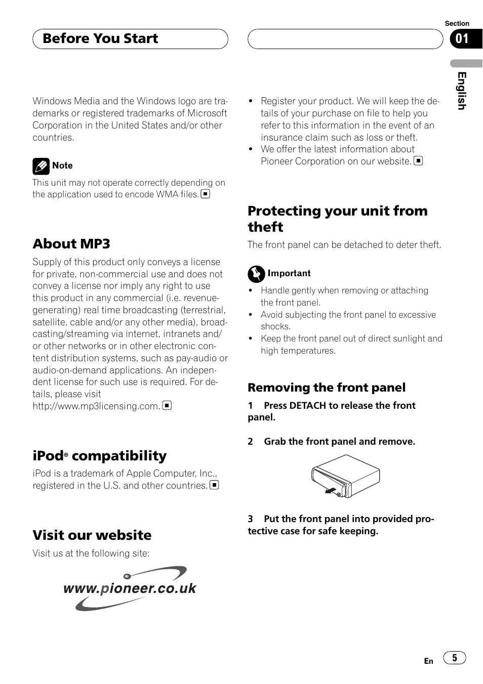 About mp3, Ipod® compatibility, Visit our website | Protecting your unit from theft, Removing the front panel 5, Ipod, Compatibility, Before you start | Pioneer RDS DEH-P40MP User Manual | Page 5 / 90