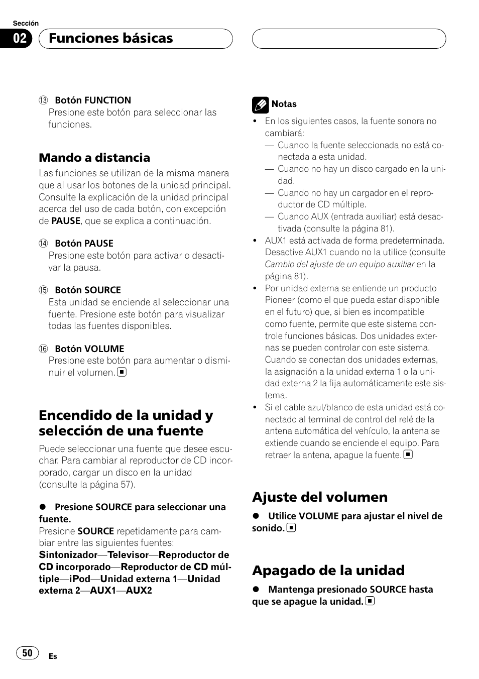 Mando a distancia 50, Encendido de la unidad y selección de una, Fuente | Ajuste del volumen, Apagado de la unidad, Encendido de la unidad y selección de una fuente, Funciones básicas, Mando a distancia | Pioneer RDS DEH-P40MP User Manual | Page 50 / 90