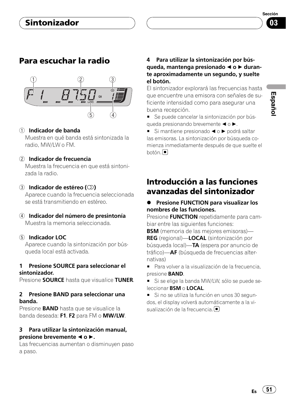 Sintonizador para escuchar la radio, Introducción a las funciones avanzadas del, Sintonizador | Para escuchar la radio | Pioneer RDS DEH-P40MP User Manual | Page 51 / 90