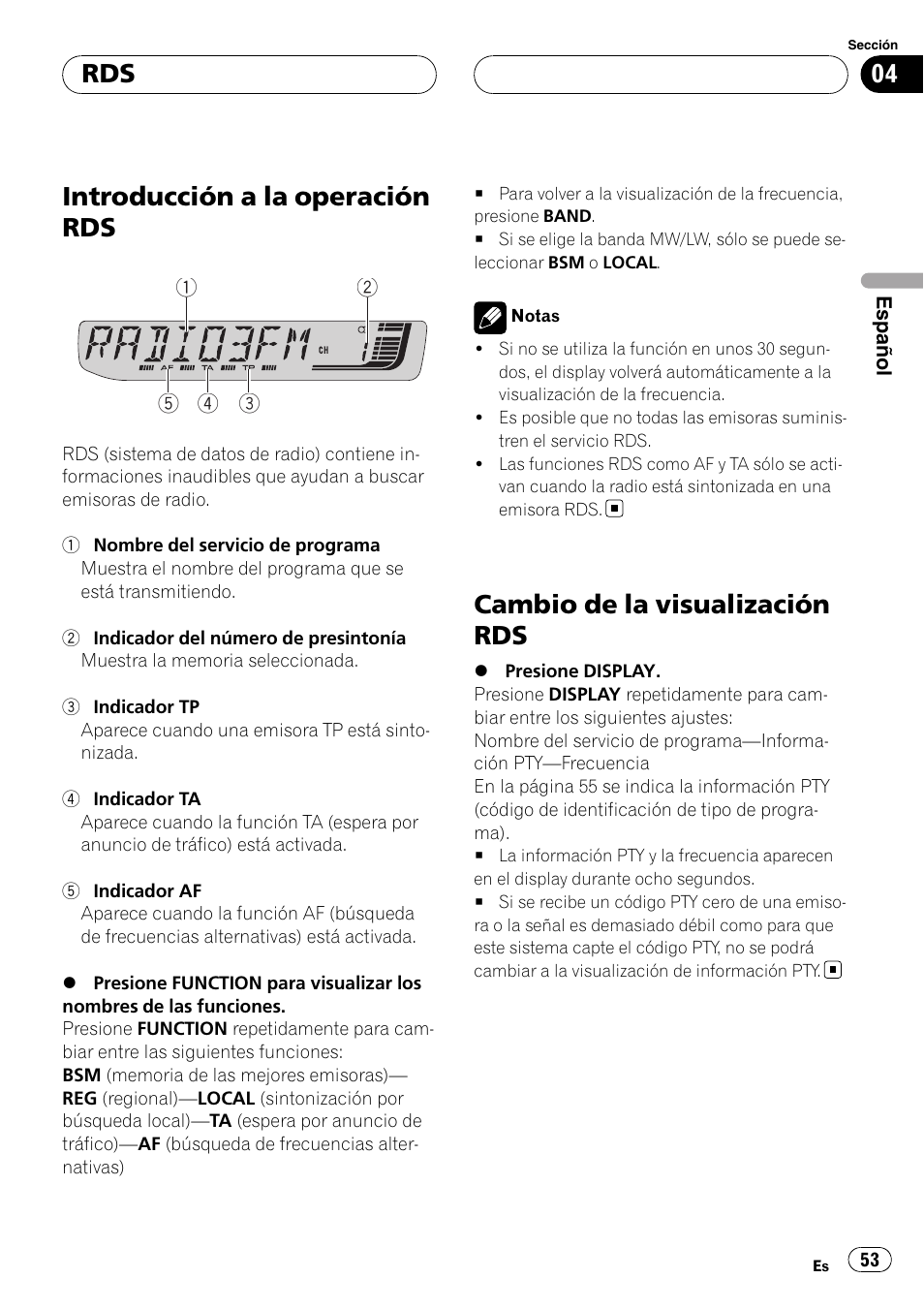 Rds introducción a la operación rds, Cambio de la visualización rds, Introducción a la operación rds | Pioneer RDS DEH-P40MP User Manual | Page 53 / 90