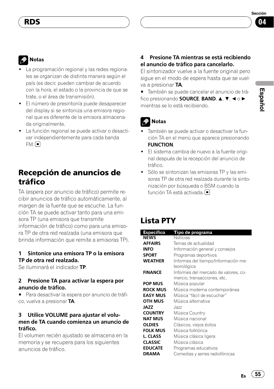 Recepción de anuncios de tráfico, Lista pty, Español | Pioneer RDS DEH-P40MP User Manual | Page 55 / 90