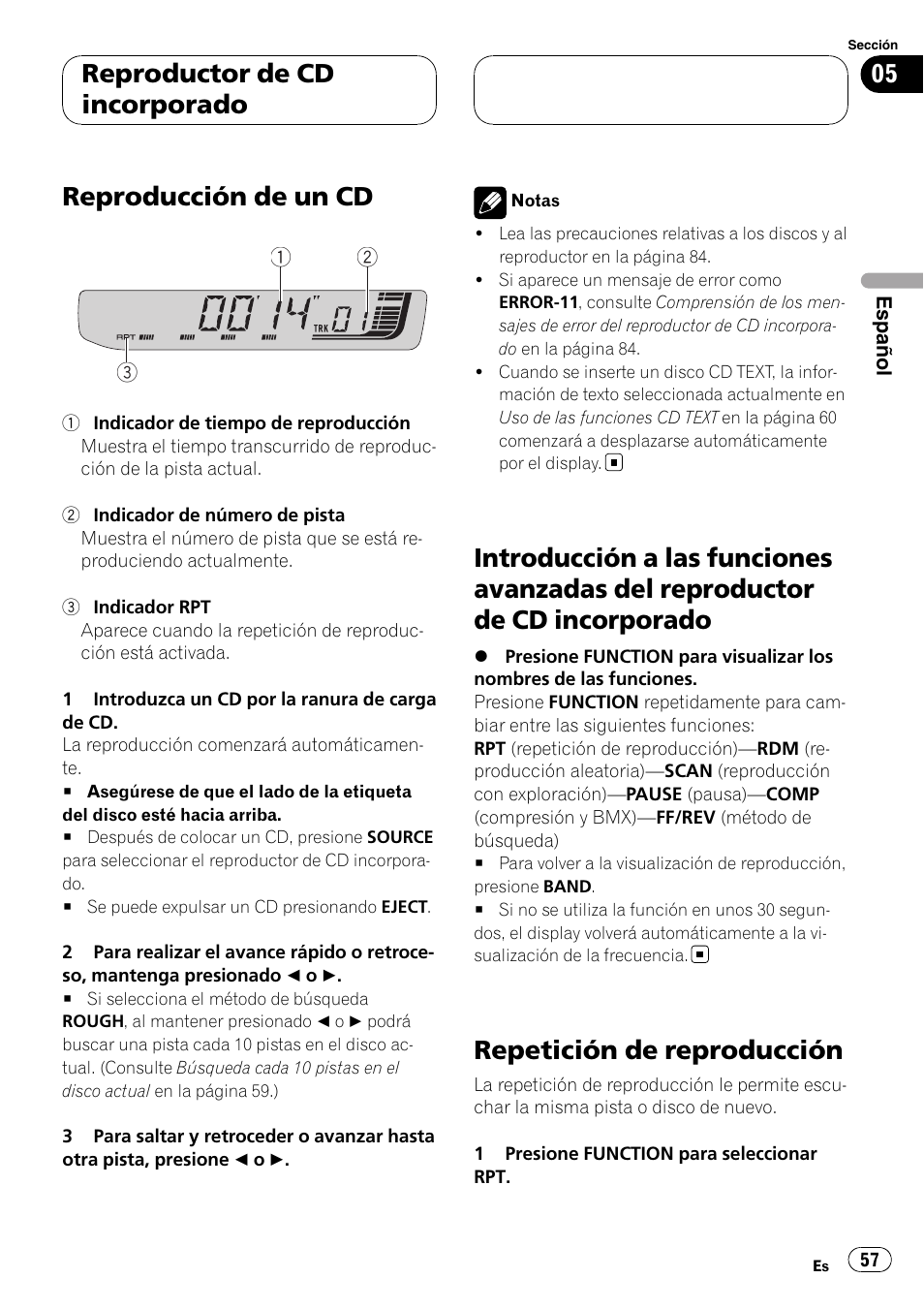 Introducción a las funciones avanzadas del, Reproductor de cd incorporado, Repetición de reproducción | Reproducción de un cd | Pioneer RDS DEH-P40MP User Manual | Page 57 / 90