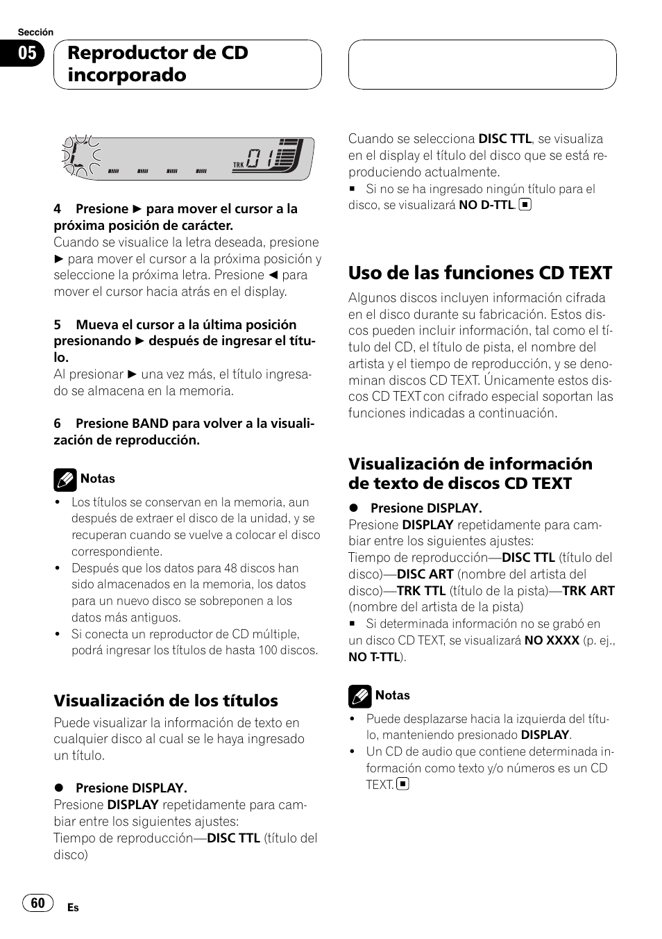 Visualización de los títulos 60, Uso de las funciones cd text, Visualización de información de texto | De discos cd text, Reproductor de cd incorporado, Visualización de los títulos | Pioneer RDS DEH-P40MP User Manual | Page 60 / 90