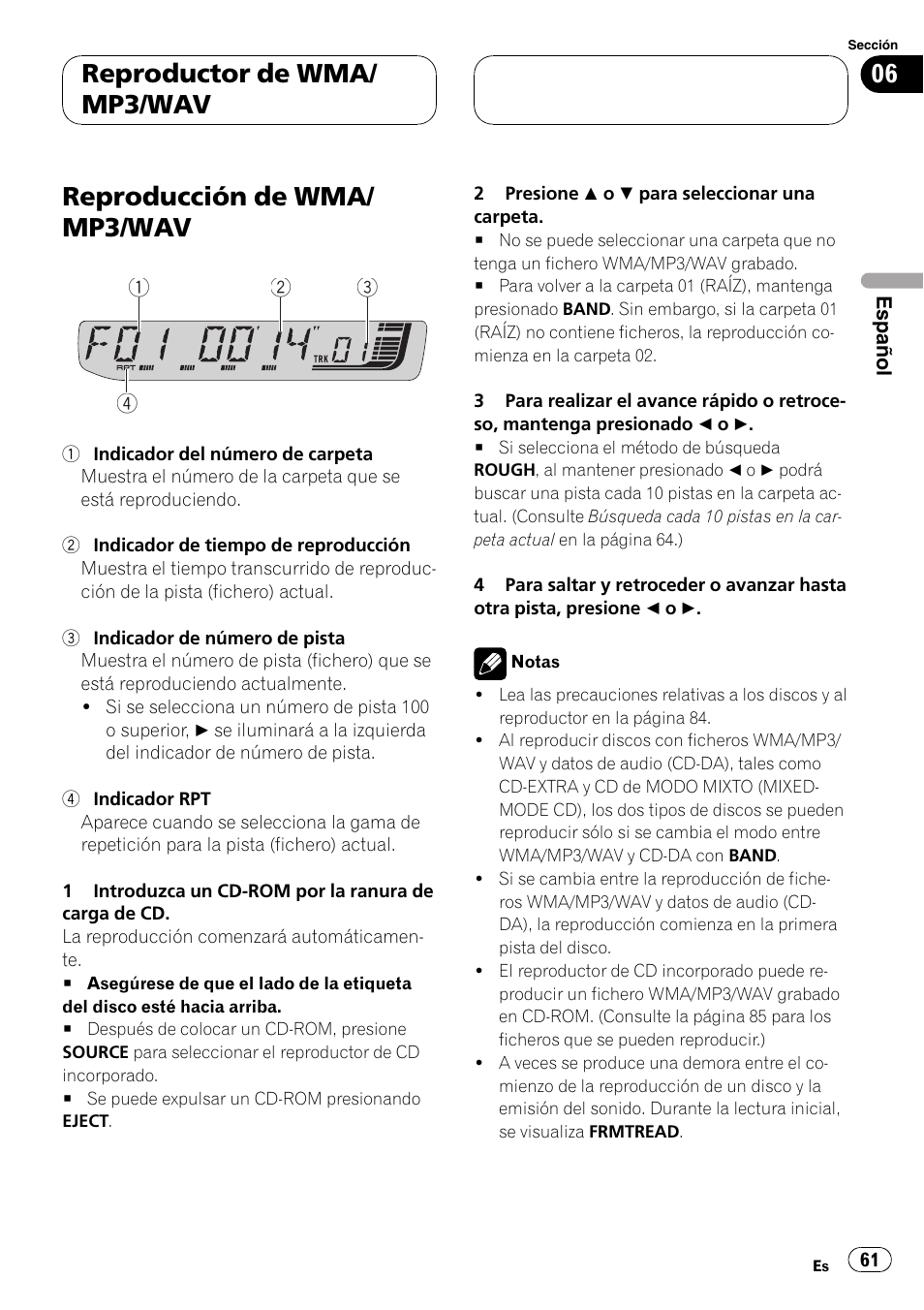 Reproducción de wma/ mp3/wav, Reproductor de wma/ mp3/wav | Pioneer RDS DEH-P40MP User Manual | Page 61 / 90