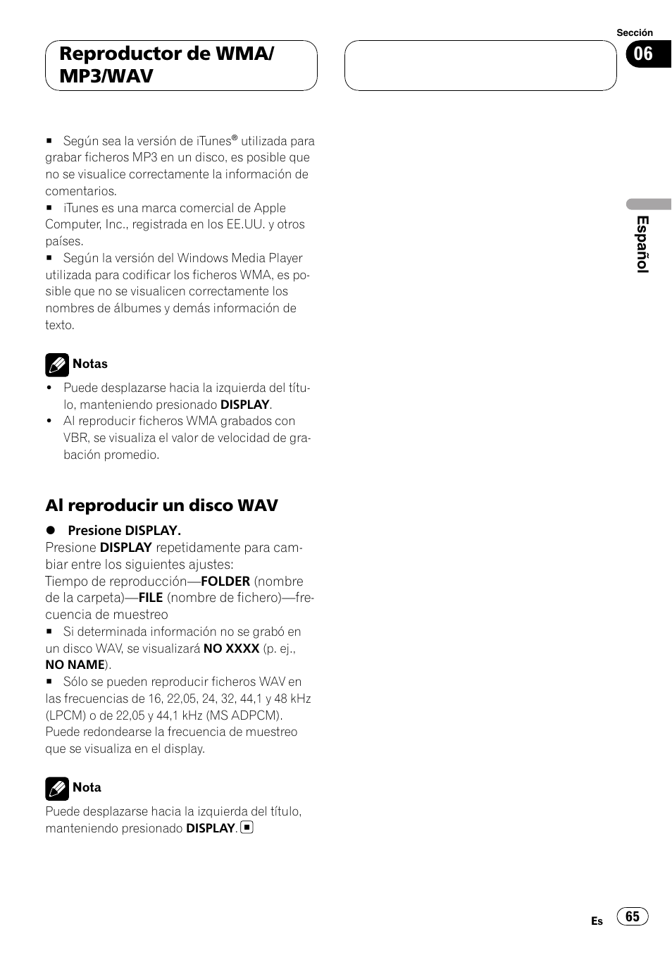 Al reproducir un disco wav 65, Reproductor de wma/ mp3/wav, Al reproducir un disco wav | Pioneer RDS DEH-P40MP User Manual | Page 65 / 90