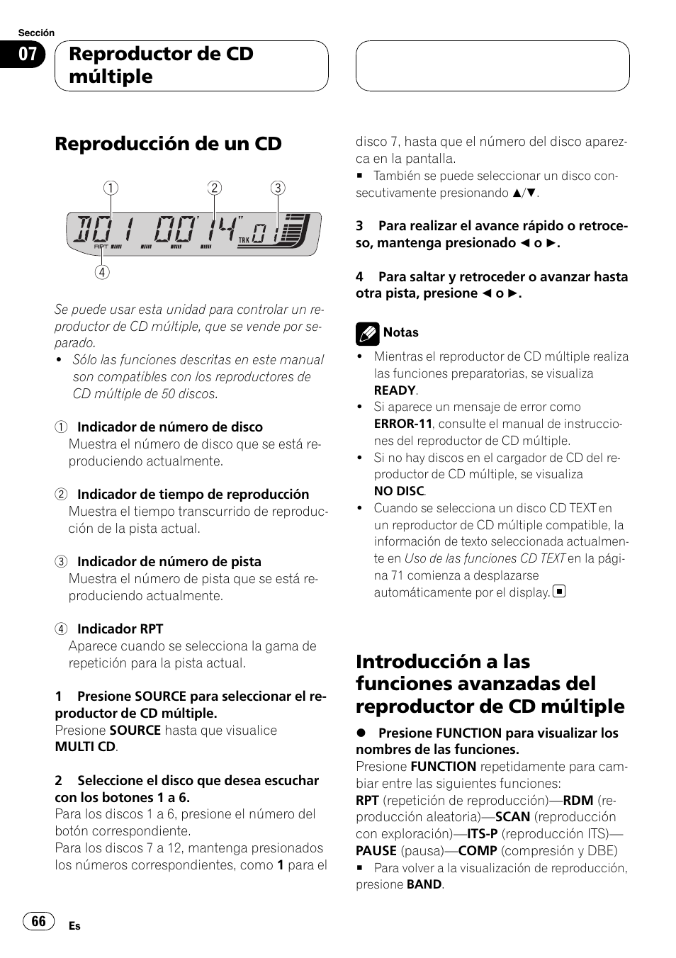 Reproductor de cd múltiple reproducción de un cd, Introducción a las funciones avanzadas del, Reproductor de cd múltiple | Reproducción de un cd | Pioneer RDS DEH-P40MP User Manual | Page 66 / 90