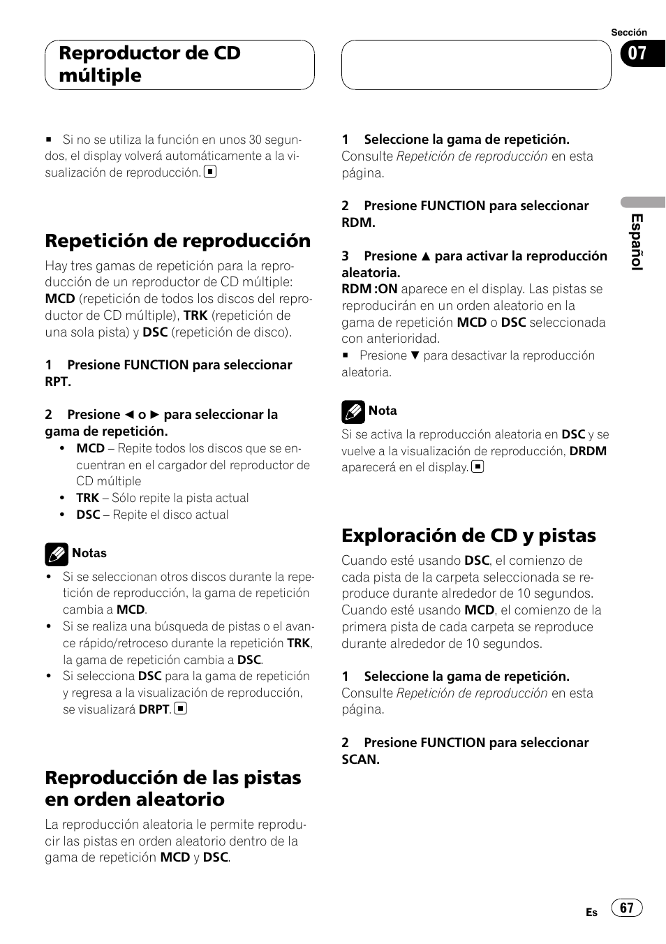 Repetición de reproducción, Reproducción de las pistas en orden, Aleatorio | Exploración de cd y pistas, Reproducción de las pistas en orden aleatorio, Reproductor de cd múltiple | Pioneer RDS DEH-P40MP User Manual | Page 67 / 90