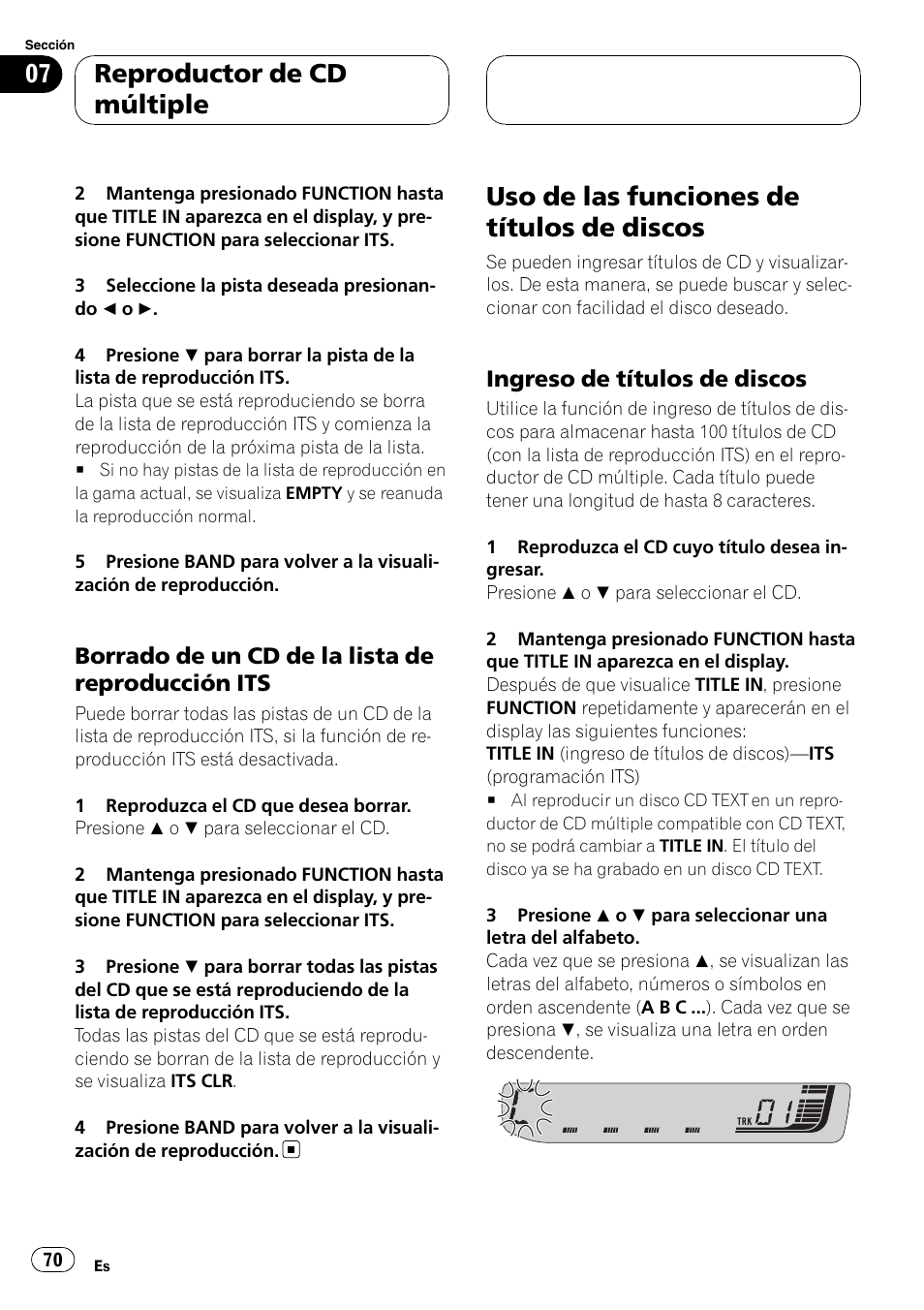 Borrado de un cd de la lista de, Reproducción its, Uso de las funciones de títulos de discos | Ingreso de títulos de discos 70, Reproductor de cd múltiple, Borrado de un cd de la lista de reproducción its, Ingreso de títulos de discos | Pioneer RDS DEH-P40MP User Manual | Page 70 / 90