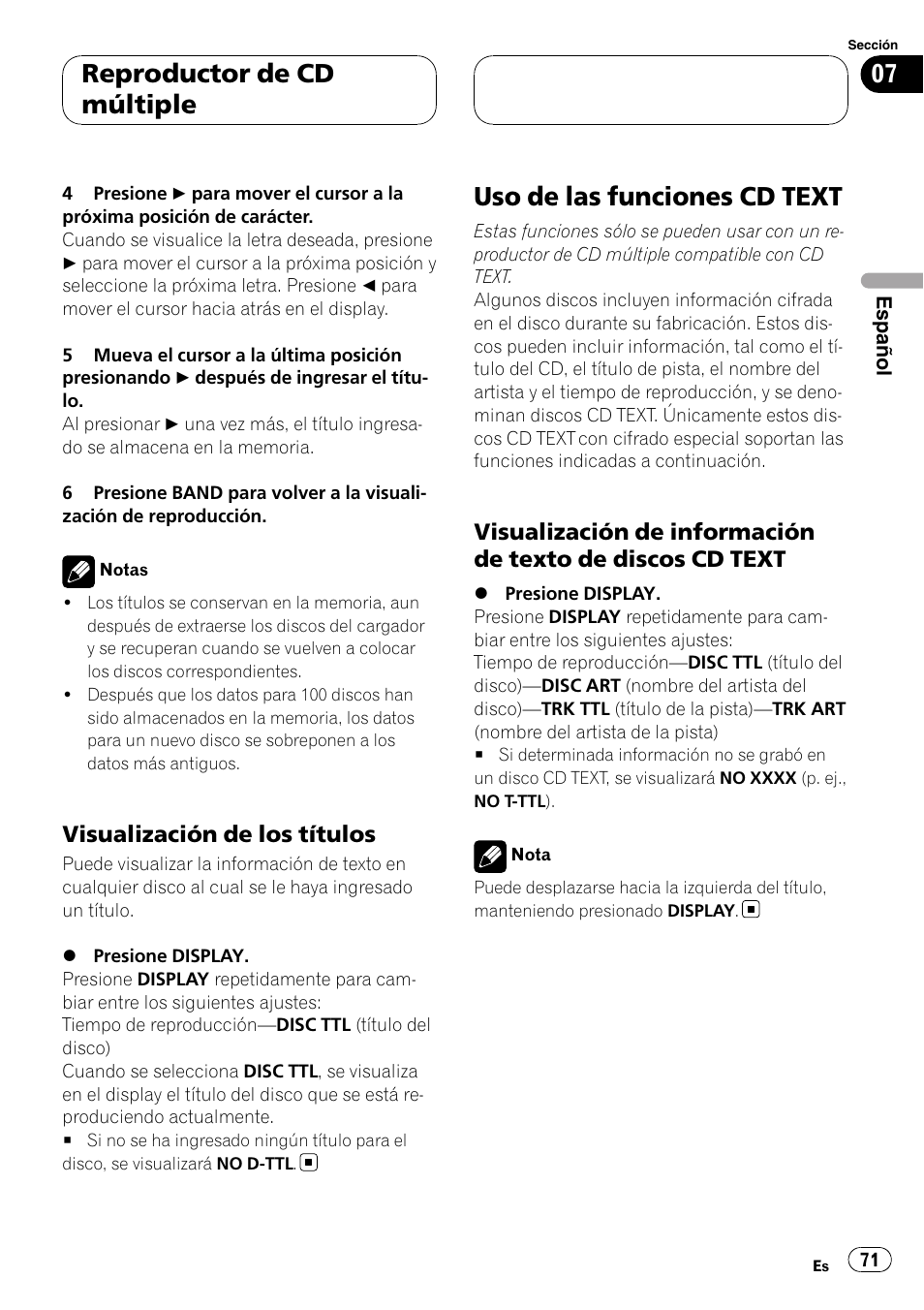 Visualización de los títulos 71, Uso de las funciones cd text, Visualización de información de texto | De discos cd text, Reproductor de cd múltiple, Visualización de los títulos | Pioneer RDS DEH-P40MP User Manual | Page 71 / 90