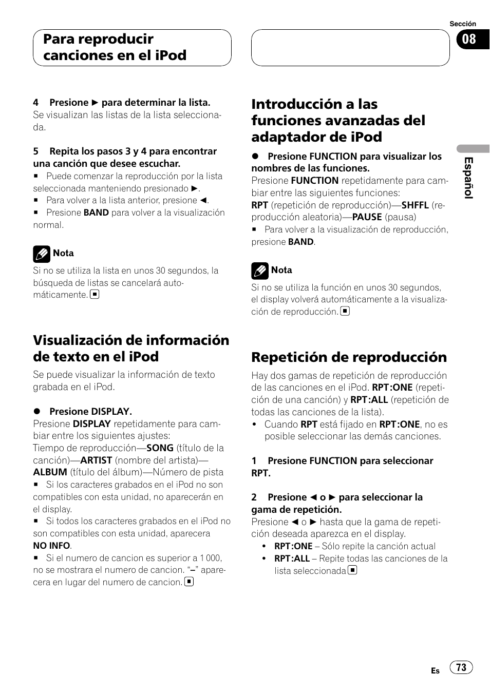 Visualización de información de texto en el, Ipod, Introducción a las funciones avanzadas del | Adaptador de ipod, Repetición de reproducción, Visualización de información de texto en el ipod, Para reproducir canciones en el ipod | Pioneer RDS DEH-P40MP User Manual | Page 73 / 90