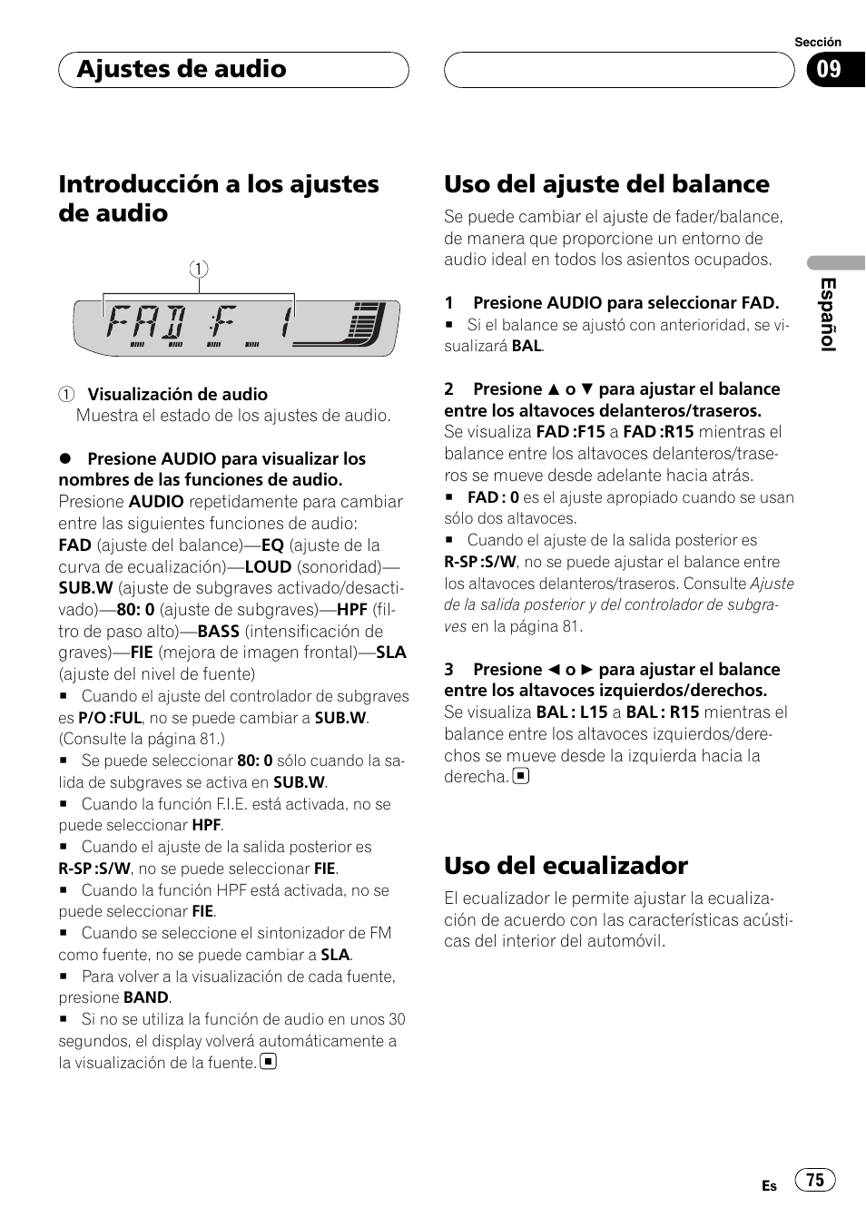 Uso del ajuste del balance, Uso del ecualizador, Introducción a los ajustes de audio | Ajustes de audio | Pioneer RDS DEH-P40MP User Manual | Page 75 / 90