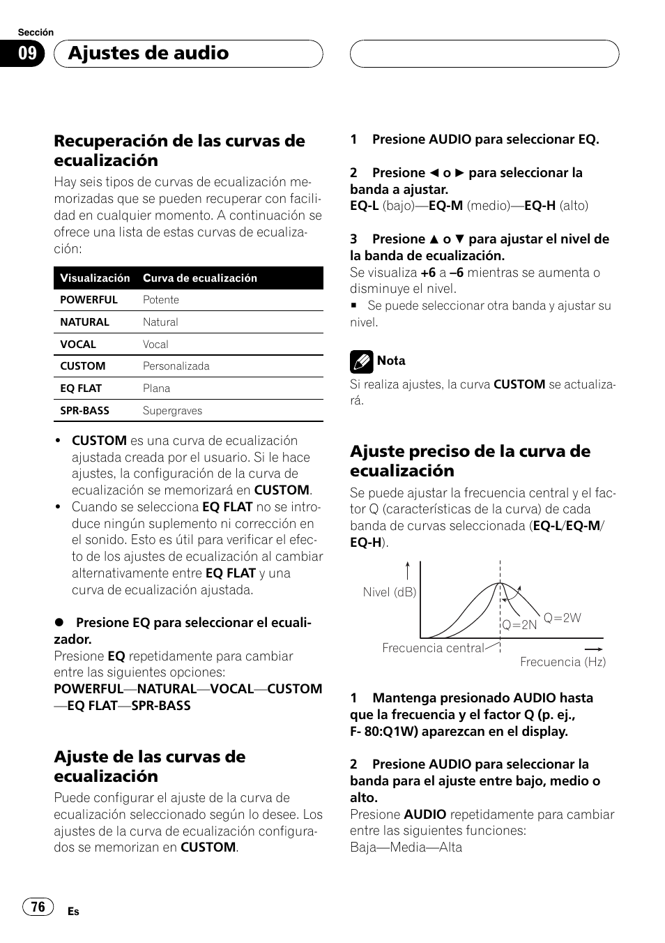 Recuperación de las curvas de, Ecualización, Ajuste de las curvas de | Ajuste preciso de la curva de, Ajustes de audio, Recuperación de las curvas de ecualización, Ajuste de las curvas de ecualización, Ajuste preciso de la curva de ecualización | Pioneer RDS DEH-P40MP User Manual | Page 76 / 90