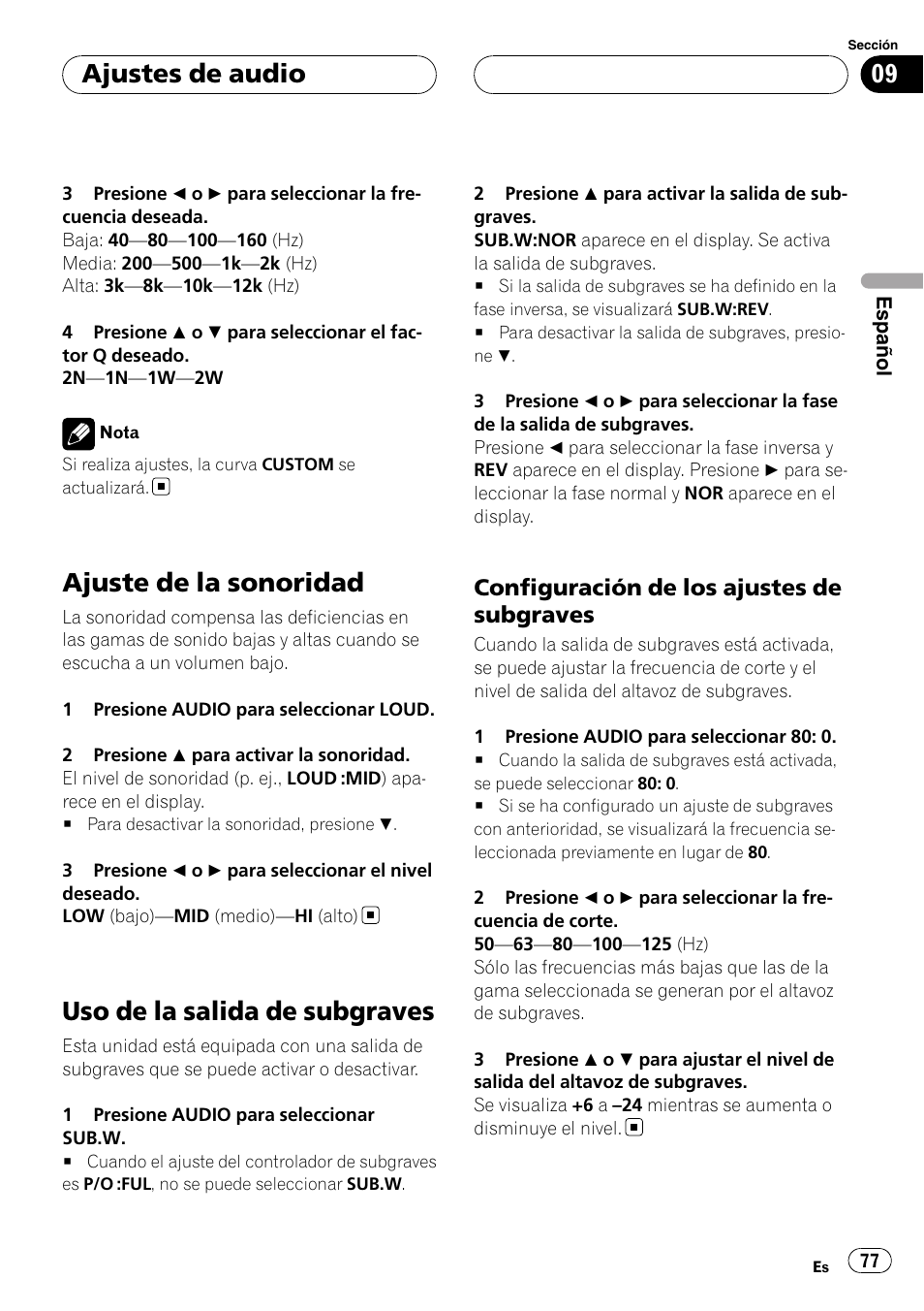 Ajuste de la sonoridad, Uso de la salida de subgraves, Configuración de los ajustes de | Subgraves, Ajustes de audio, Configuración de los ajustes de subgraves | Pioneer RDS DEH-P40MP User Manual | Page 77 / 90