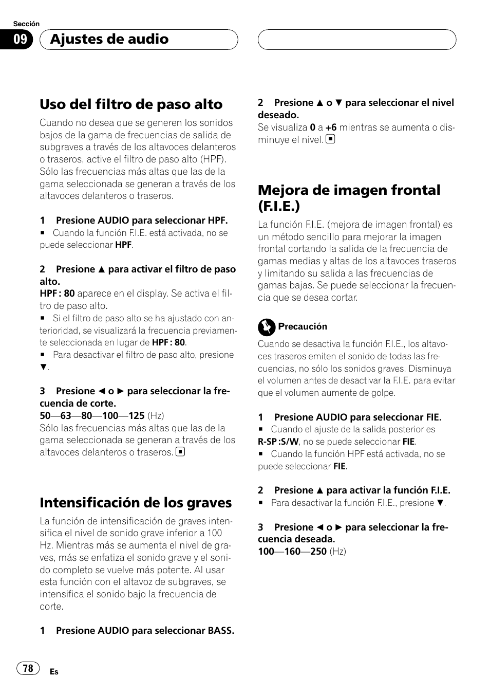 Uso del filtro de paso alto, Intensificación de los graves, Mejora de imagen frontal (f.i.e.) | Ajustes de audio | Pioneer RDS DEH-P40MP User Manual | Page 78 / 90