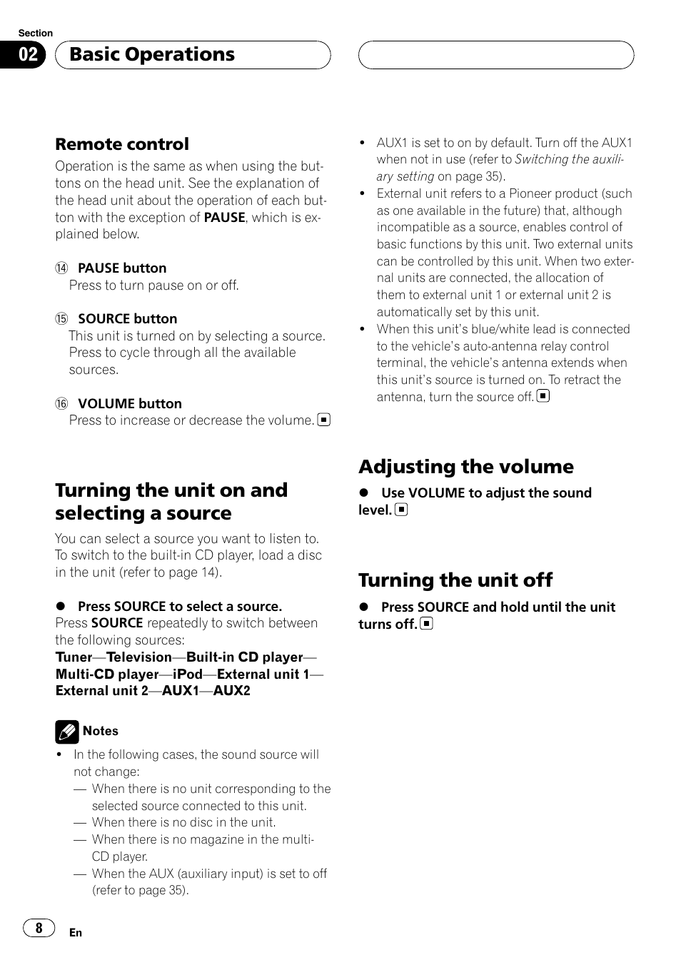 Remote control 8, Turning the unit on and selecting a, Source | Adjusting the volume, Turning the unit off, Turning the unit on and selecting a source, Basic operations, Remote control | Pioneer RDS DEH-P40MP User Manual | Page 8 / 90