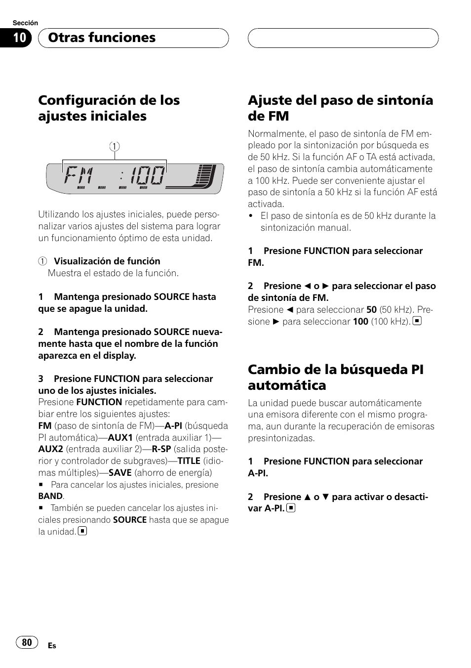 Ajuste del paso de sintonía de fm, Cambio de la búsqueda pi automática, Configuración de los ajustes iniciales | Otras funciones | Pioneer RDS DEH-P40MP User Manual | Page 80 / 90