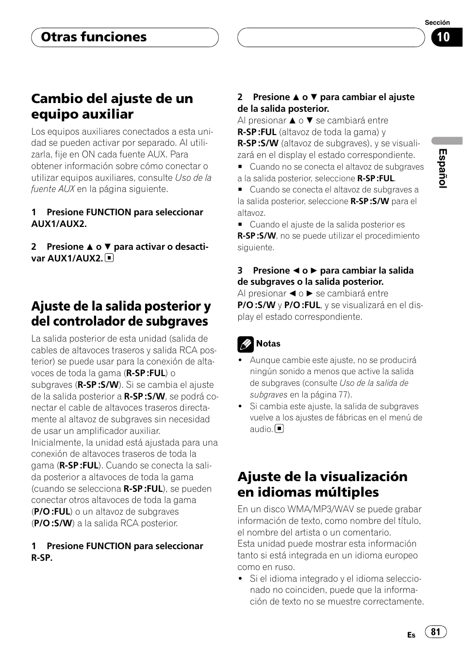 Cambio del ajuste de un equipo auxiliar, Ajuste de la salida posterior y del controlador, De subgraves | Ajuste de la visualización en idiomas, Múltiples, Ajuste de la visualización en idiomas múltiples, Otras funciones | Pioneer RDS DEH-P40MP User Manual | Page 81 / 90