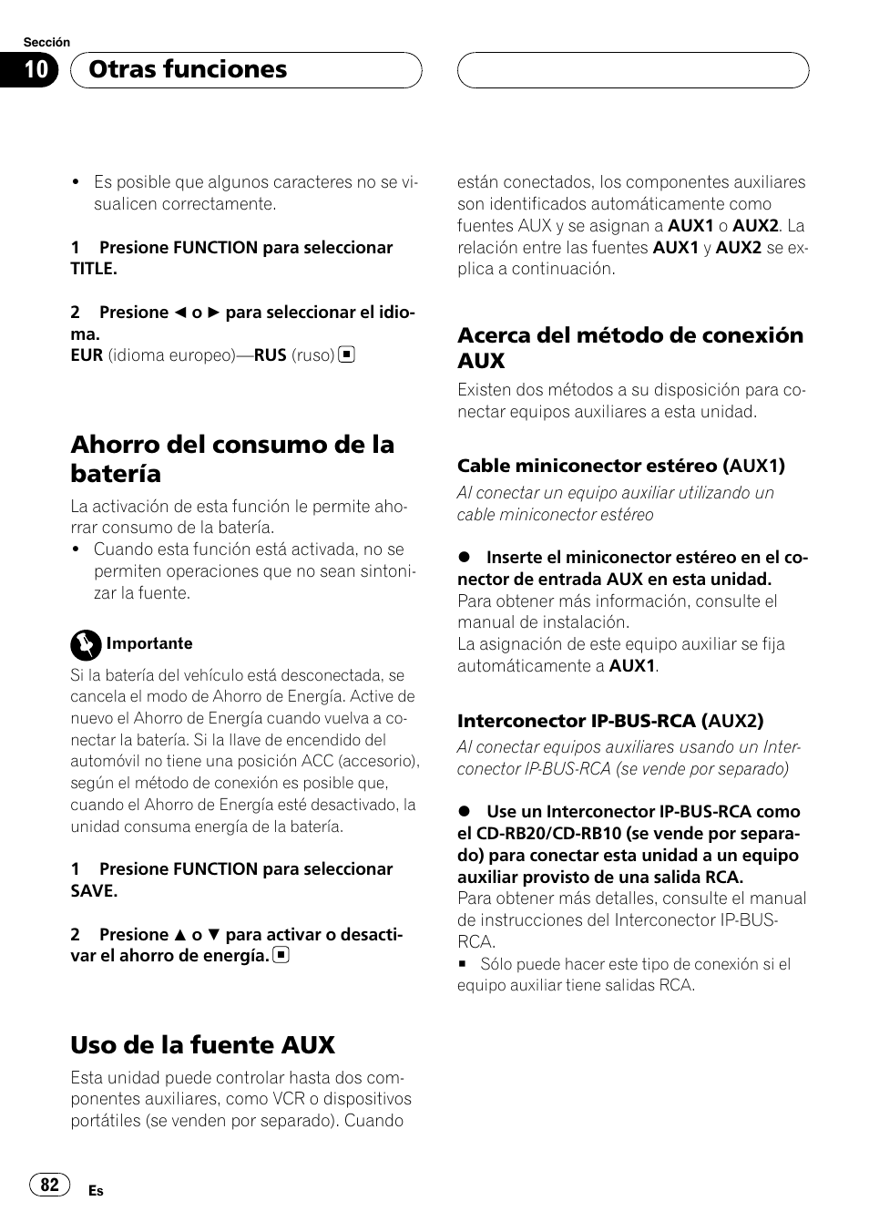 Ahorro del consumo de la batería, Uso de la fuente aux, Acerca del método de conexión | Otras funciones | Pioneer RDS DEH-P40MP User Manual | Page 82 / 90