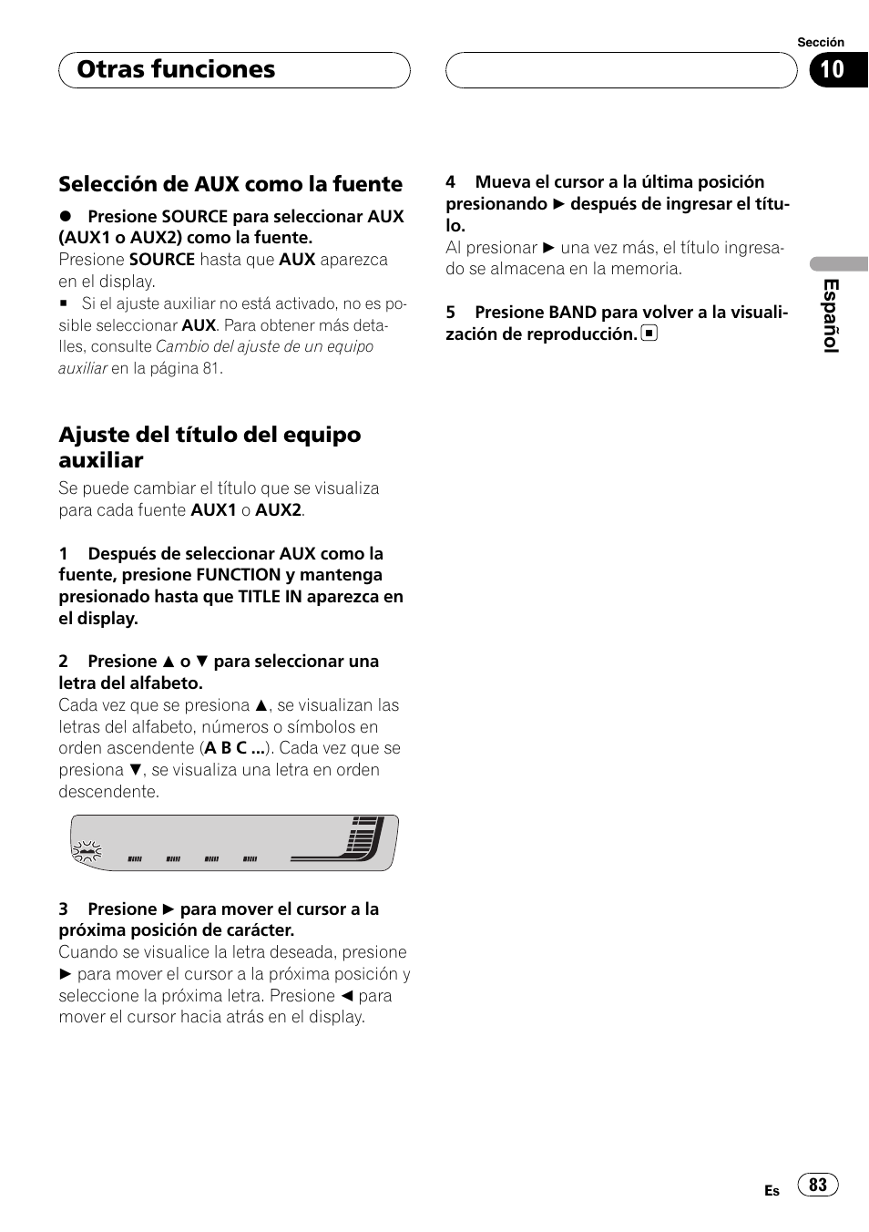 Selección de aux como la fuente 83, Ajuste del título del equipo auxiliar 83, Otras funciones | Selección de aux como la fuente, Ajuste del título del equipo auxiliar | Pioneer RDS DEH-P40MP User Manual | Page 83 / 90