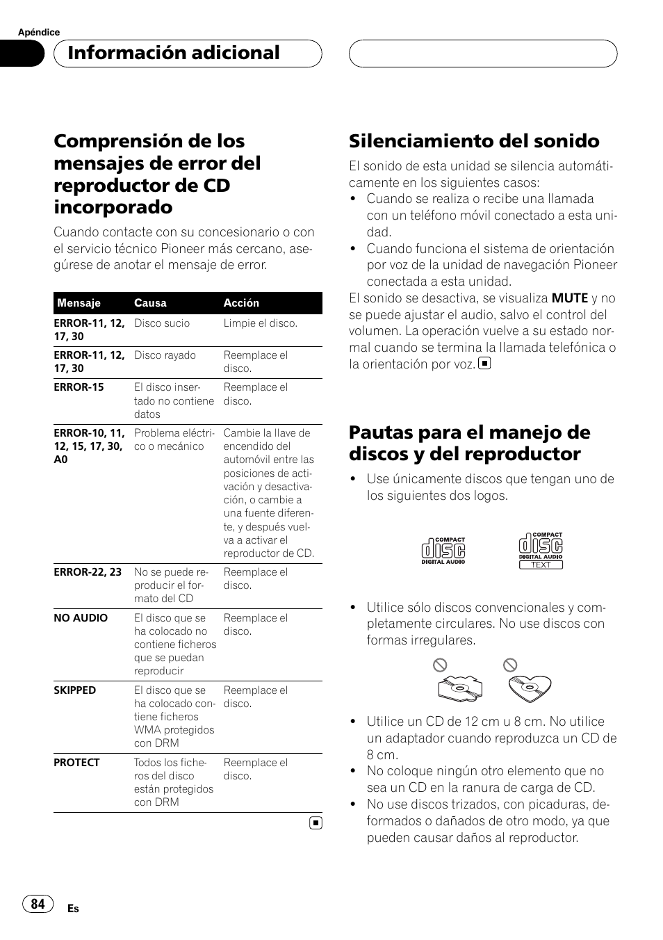 Reproductor de cd incorporado, Silenciamiento del sonido, Pautas para el manejo de discos y del | Reproductor, Pautas para el manejo de discos y del reproductor, Información adicional | Pioneer RDS DEH-P40MP User Manual | Page 84 / 90