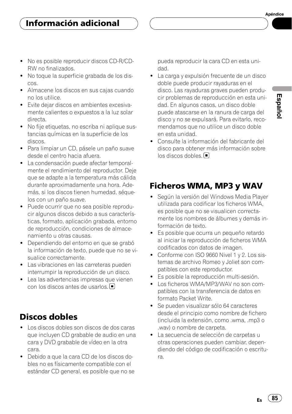 Discos dobles, Ficheros wma, mp3 y wav, Información adicional | Pioneer RDS DEH-P40MP User Manual | Page 85 / 90