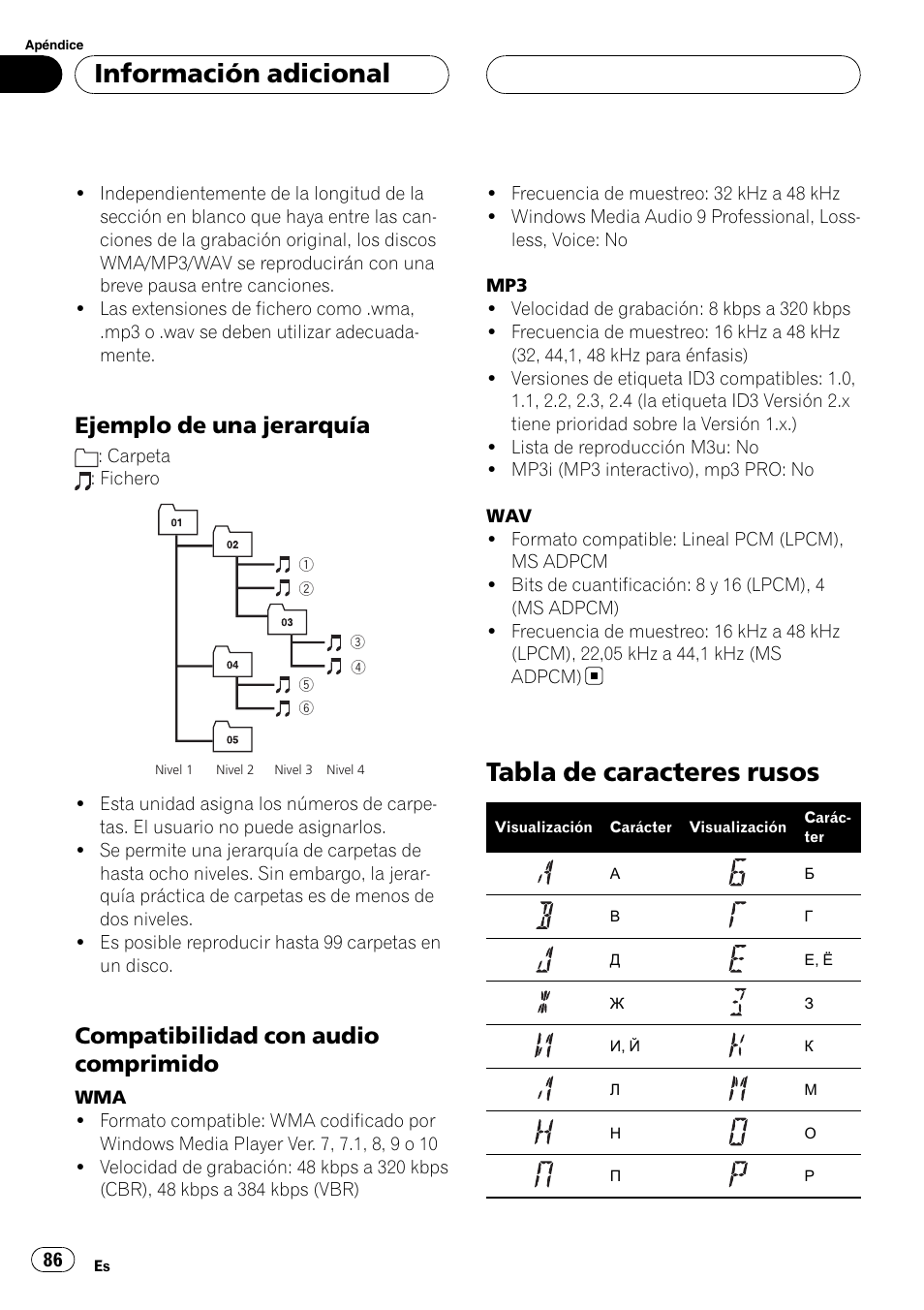 Ejemplo de una jerarquía 86, Compatibilidad con audio, Comprimido | Tabla de caracteres rusos, Información adicional, Ejemplo de una jerarquía, Compatibilidad con audio comprimido | Pioneer RDS DEH-P40MP User Manual | Page 86 / 90