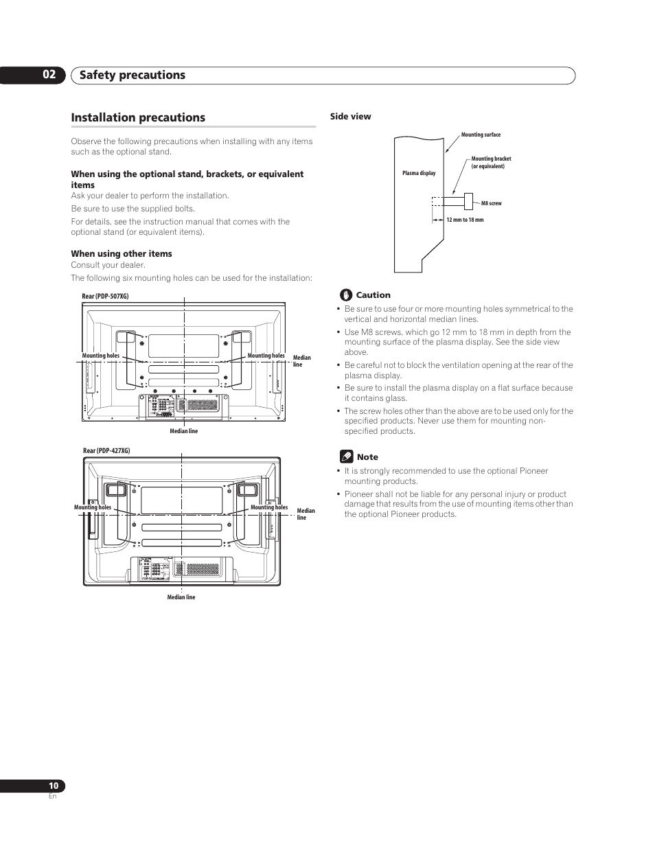 02 safety precautions, Installation precautions, Safety precautions 02 | Pioneer PureVision PDP-507XG User Manual | Page 10 / 195