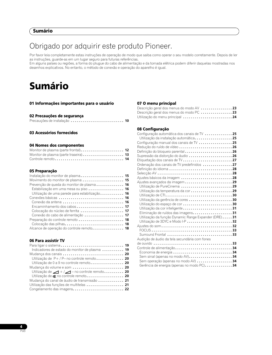 Obrigado por adquirir este produto pioneer, Sumário | Pioneer PureVision PDP-507XG User Manual | Page 100 / 195