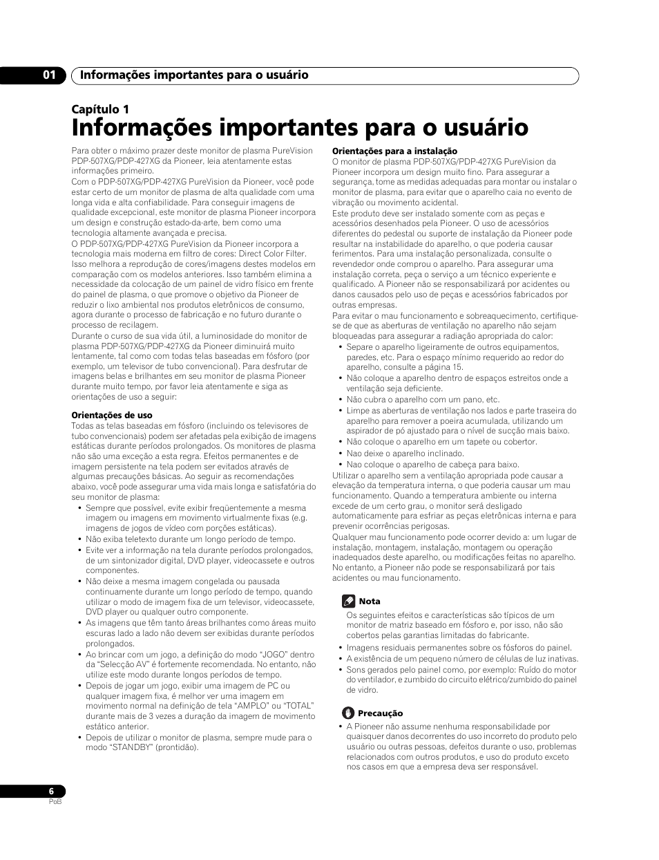 01 informações importantes para o usuário, Informações importantes para o usuário, Informações importantes para o usuário 01 | Capítulo 1 | Pioneer PureVision PDP-507XG User Manual | Page 102 / 195
