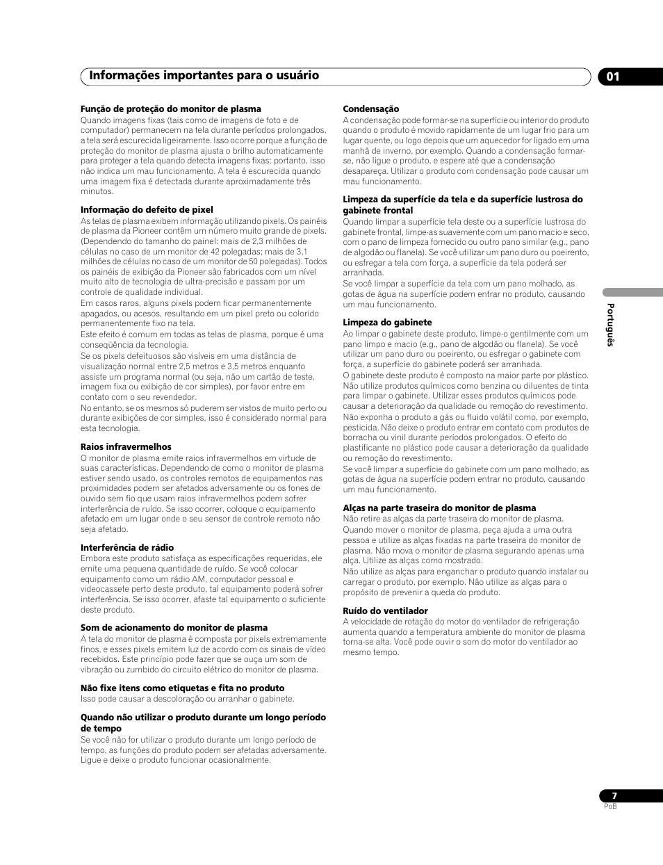 Informações importantes para o usuário 01 | Pioneer PureVision PDP-507XG User Manual | Page 103 / 195