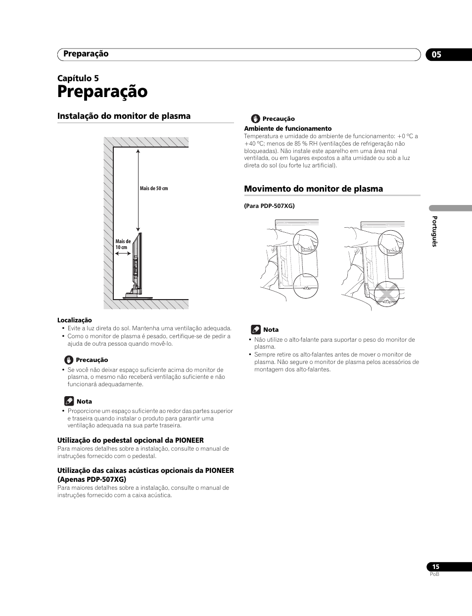 05 preparação, Instalação do monitor de plasma, Movimento do monitor de plasma | Preparação | Pioneer PureVision PDP-507XG User Manual | Page 111 / 195