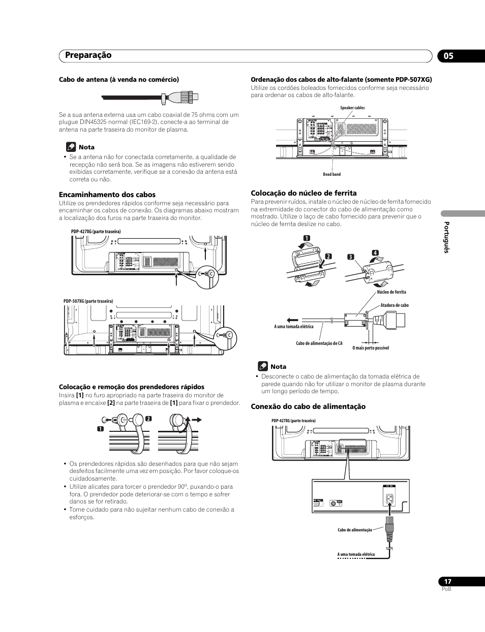 Encaminhamento dos cabos, Colocação do núcleo de ferrita, Conexão do cabo de alimentação | Preparação 05 | Pioneer PureVision PDP-507XG User Manual | Page 113 / 195