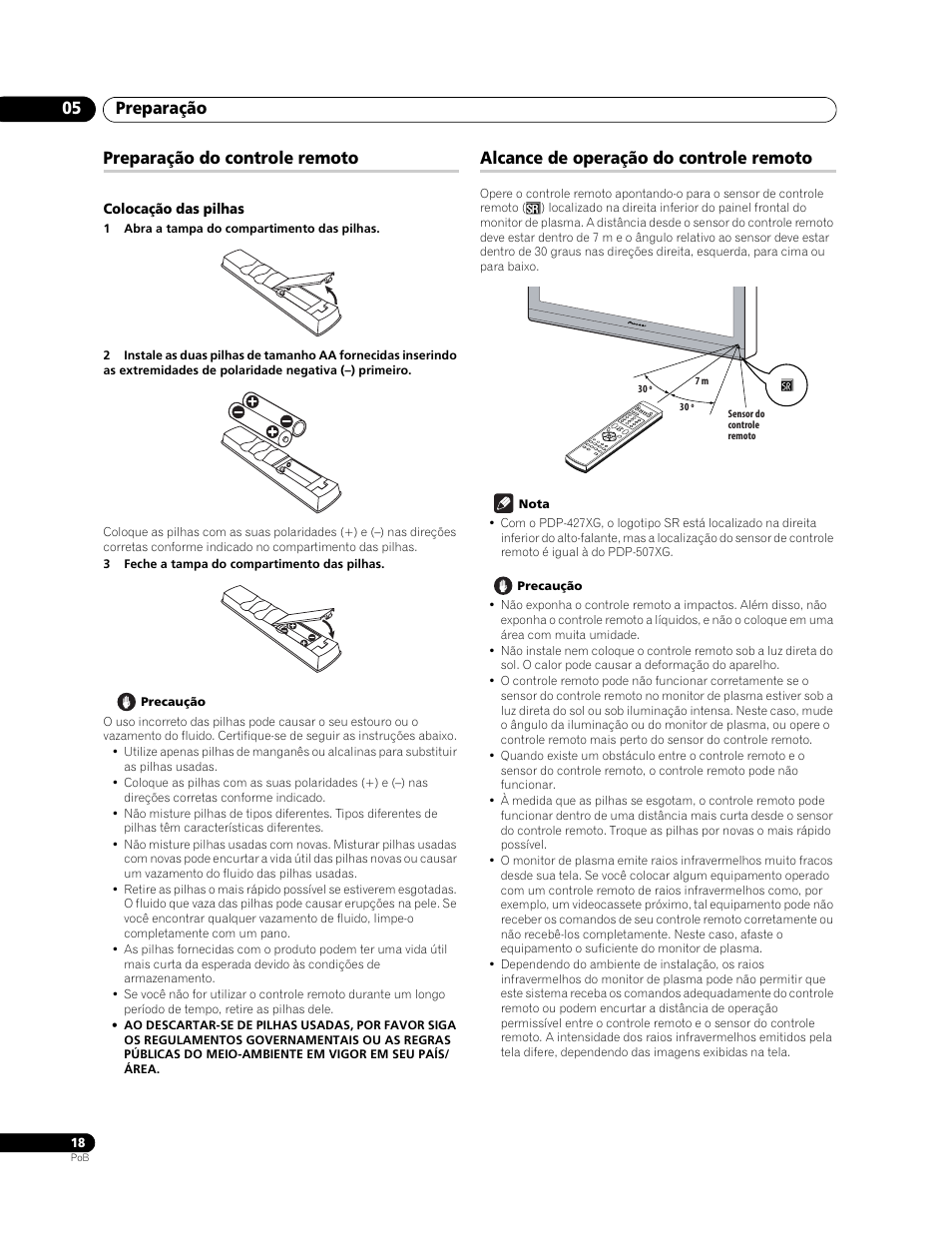 Preparação do controle remoto, Colocação das pilhas, Alcance de operação do controle remoto | Preparação 05 | Pioneer PureVision PDP-507XG User Manual | Page 114 / 195