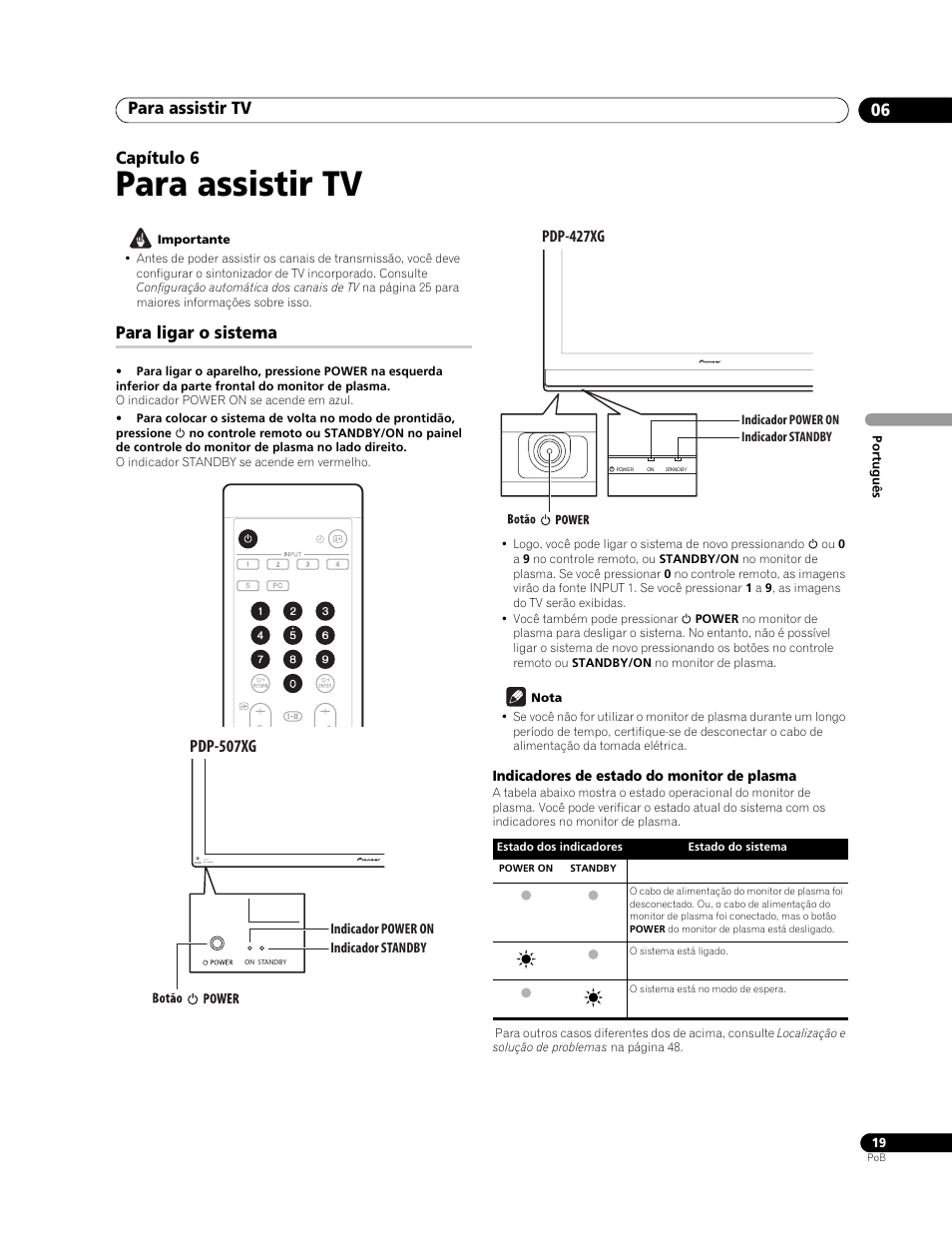 06 para assistir tv, Para ligar o sistema, Indicadores de estado do monitor de plasma | Para assistir tv, Para assistir tv 06, Capítulo 6, Pdp-507xg, Pdp-427xg | Pioneer PureVision PDP-507XG User Manual | Page 115 / 195