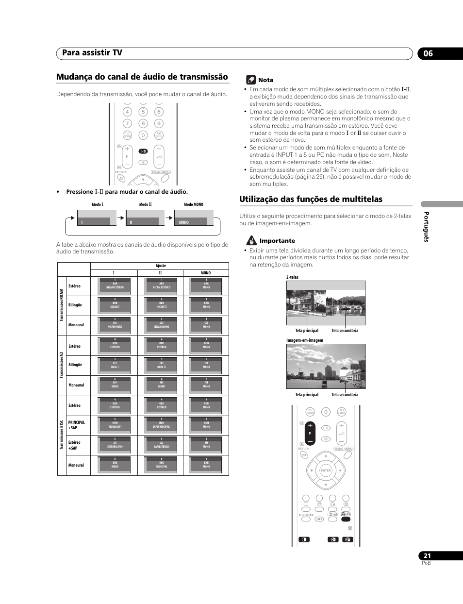 Mudança do canal de áudio de transmissão, Utilização das funções de multitelas, Para assistir tv 06 | Portuguê s | Pioneer PureVision PDP-507XG User Manual | Page 117 / 195
