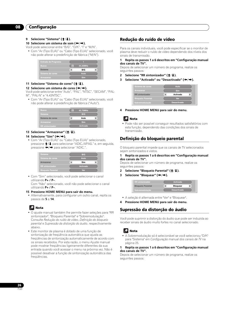 Redução do ruído de vídeo, Definição do bloqueio parental, Supressão da distorção do áudio | Configuração 08 | Pioneer PureVision PDP-507XG User Manual | Page 122 / 195