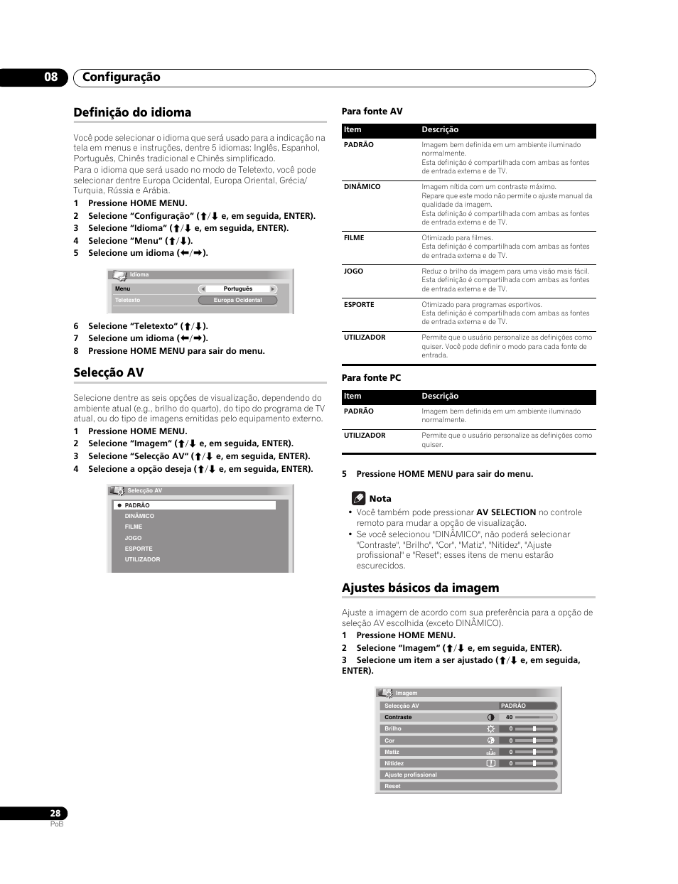 Definição do idioma, Selecção av, Ajustes básicos da imagem | Configuração 08 | Pioneer PureVision PDP-507XG User Manual | Page 124 / 195