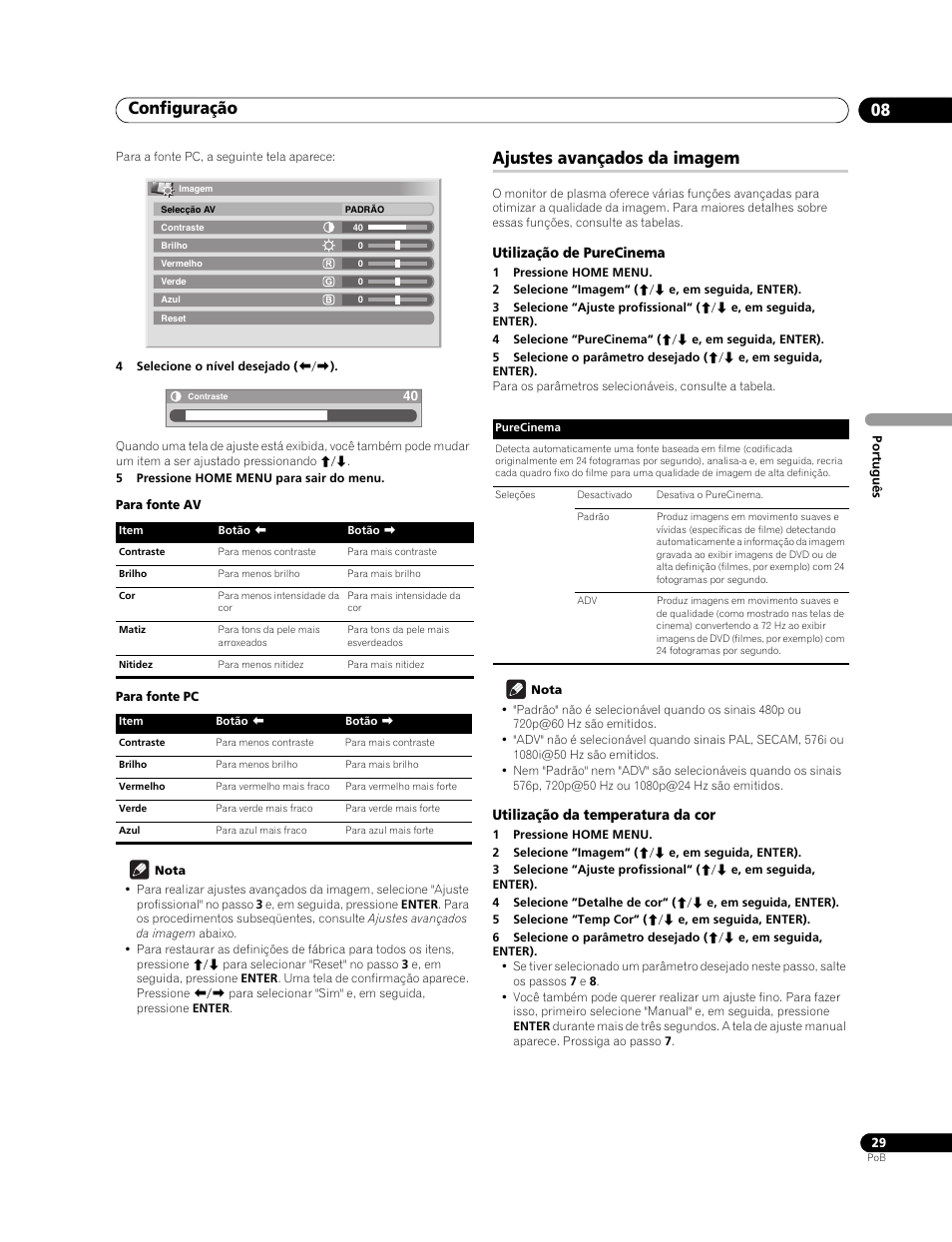 Ajustes avançados da imagem, Utilização de purecinema, Utilização da temperatura da cor | Configuração 08 | Pioneer PureVision PDP-507XG User Manual | Page 125 / 195