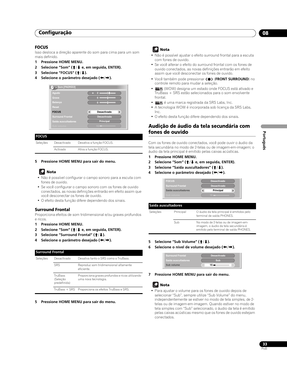 Focus, Surround frontal, Configuração 08 | Pioneer PureVision PDP-507XG User Manual | Page 129 / 195
