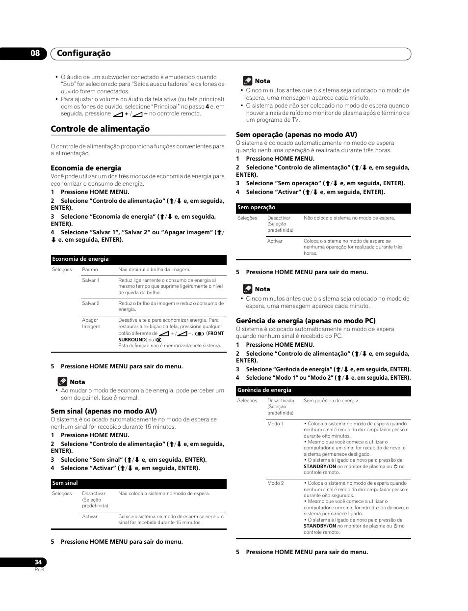 Controle de alimentação, Economia de energia, Sem sinal (apenas no modo av) | Sem operação (apenas no modo av), Gerência de energia (apenas no modo pc), Configuração 08 | Pioneer PureVision PDP-507XG User Manual | Page 130 / 195