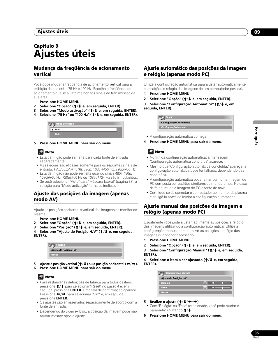 09 ajustes úteis, Mudança da freqüência de acionamento vertical, Ajuste das posições da imagem (apenas modo av) | Ajustes úteis, Ajustes úteis 09, Capítulo 9 | Pioneer PureVision PDP-507XG User Manual | Page 131 / 195